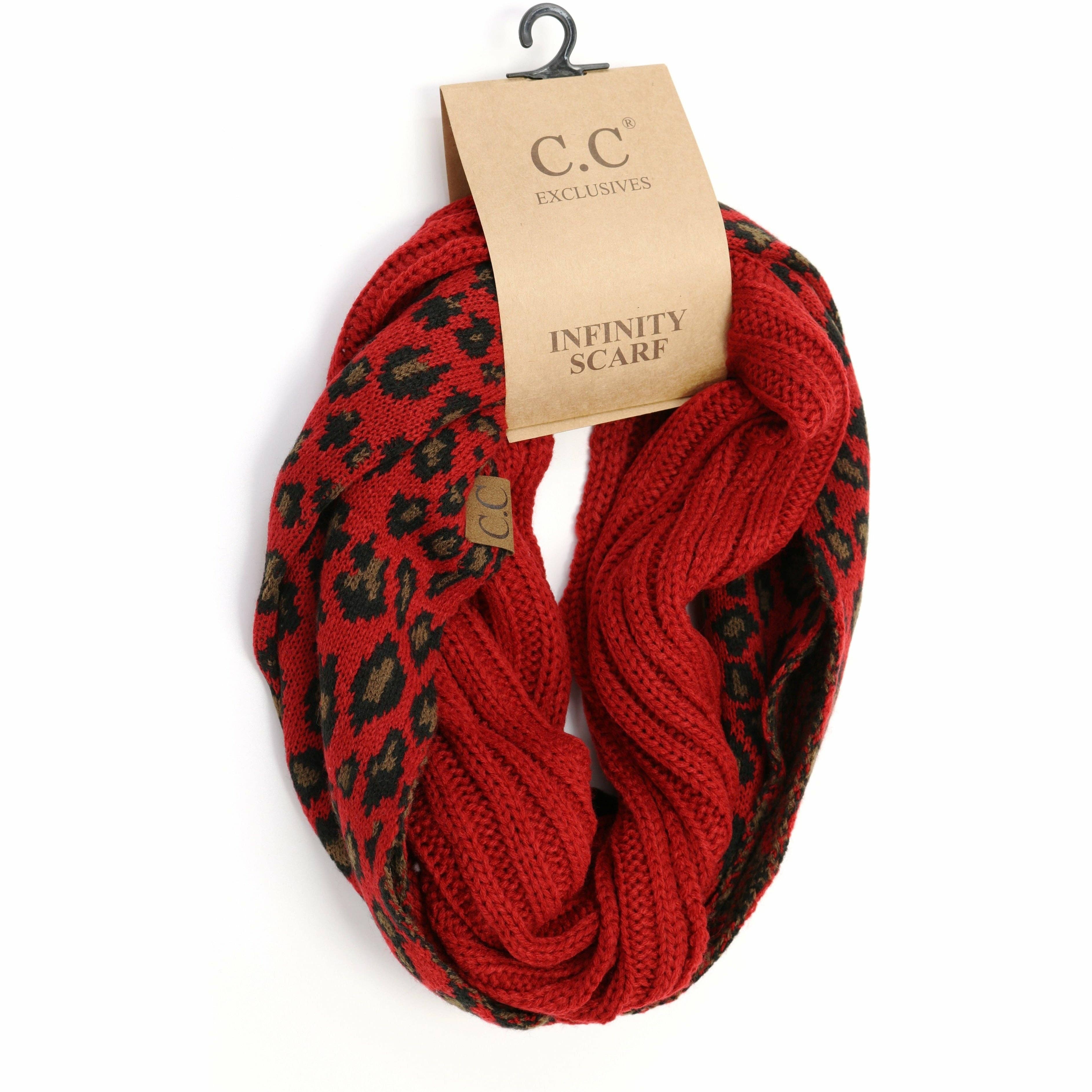 Ribbed Knit Leopard Accent CC Infinity Scarf SF80: Black