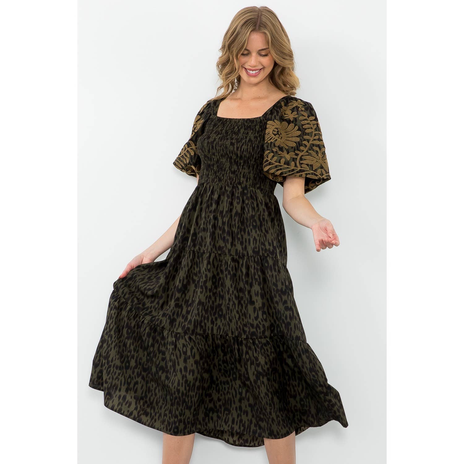 Olive Puff Sleeve Cheetah Print Midi Dress with Tiers: OLIVE