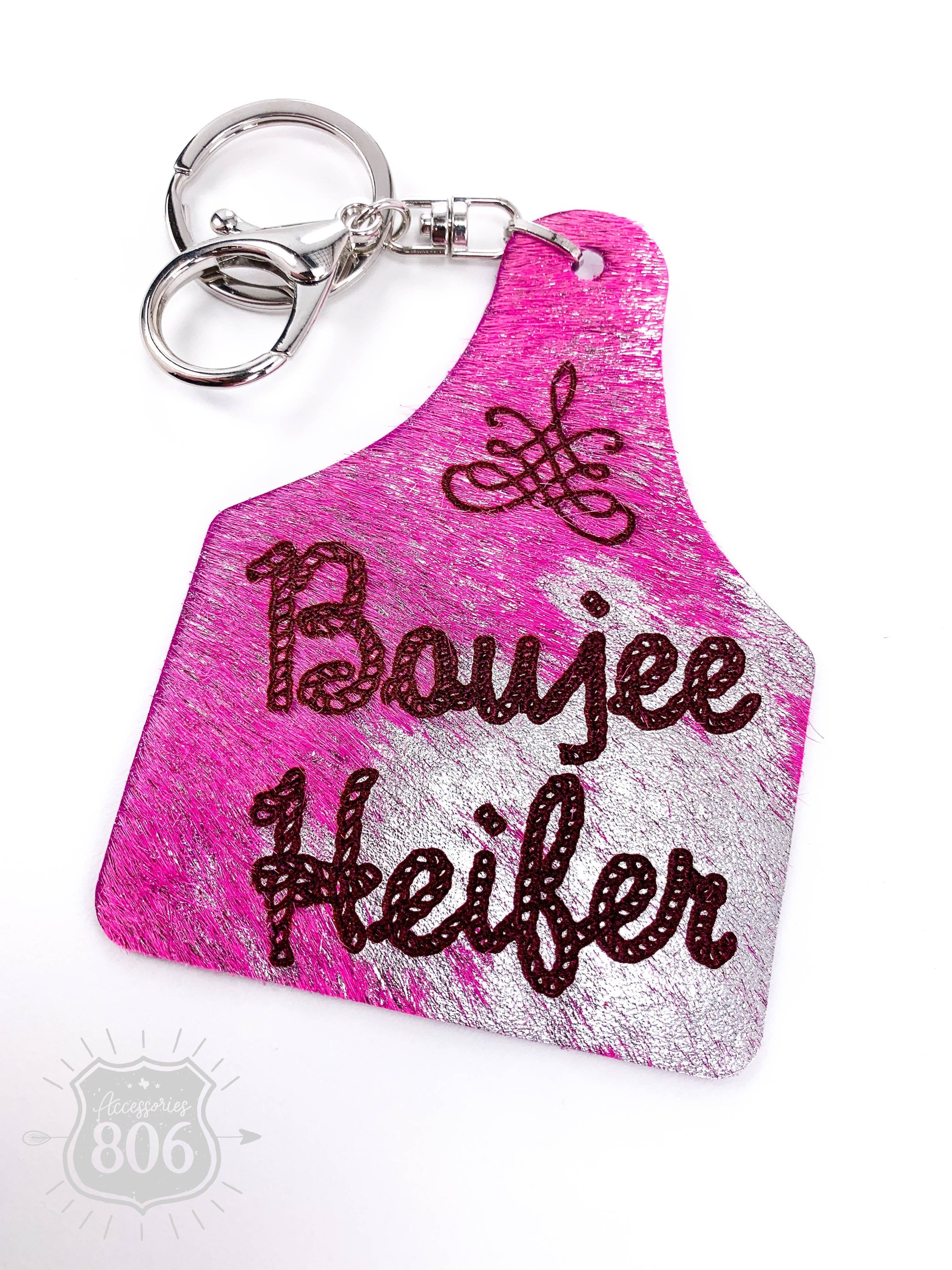 Boujee Heifer boot stitch keychain: Pink