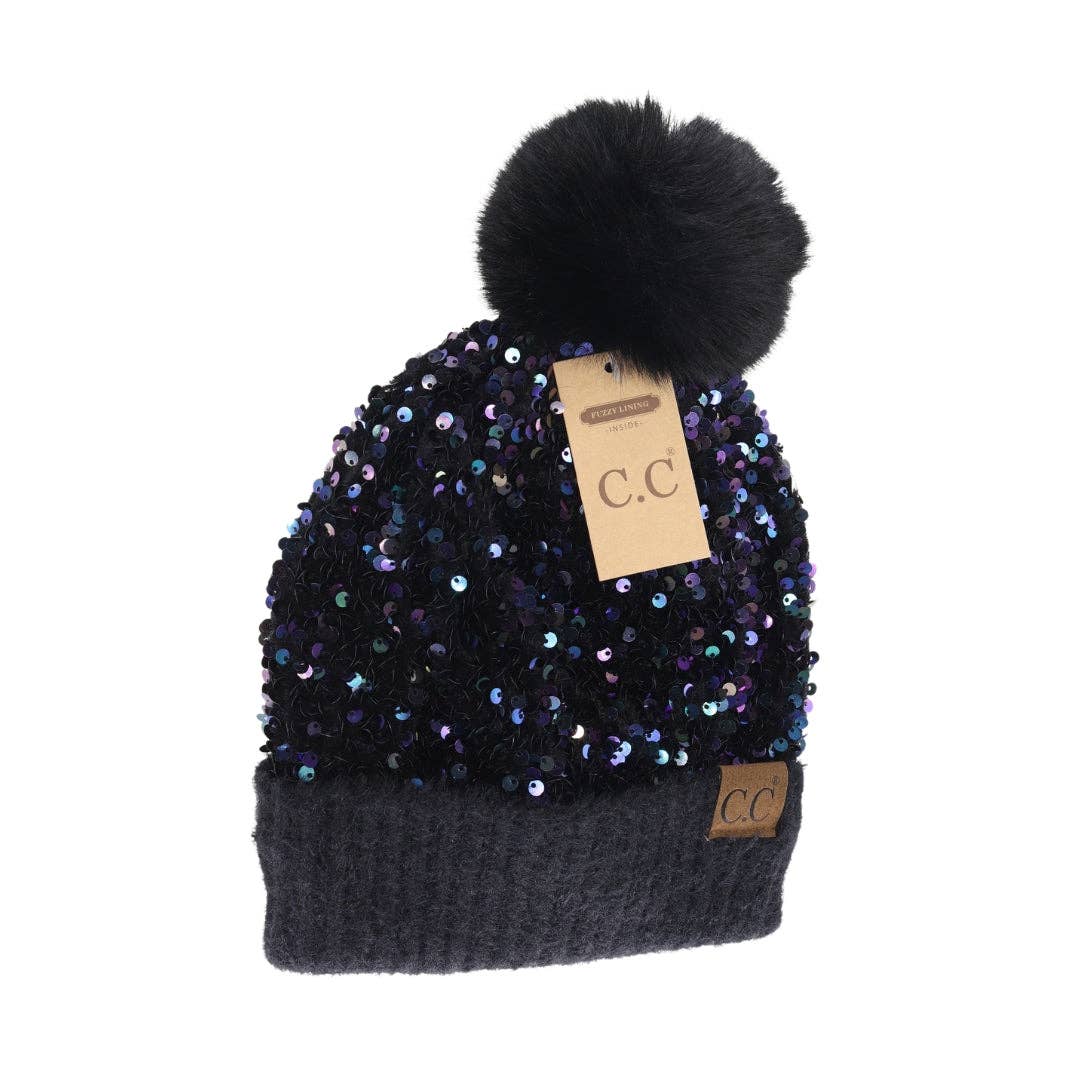 Cluster Sequin Faux Fur Pom C.C Beanie HTE0012: Purple/Black