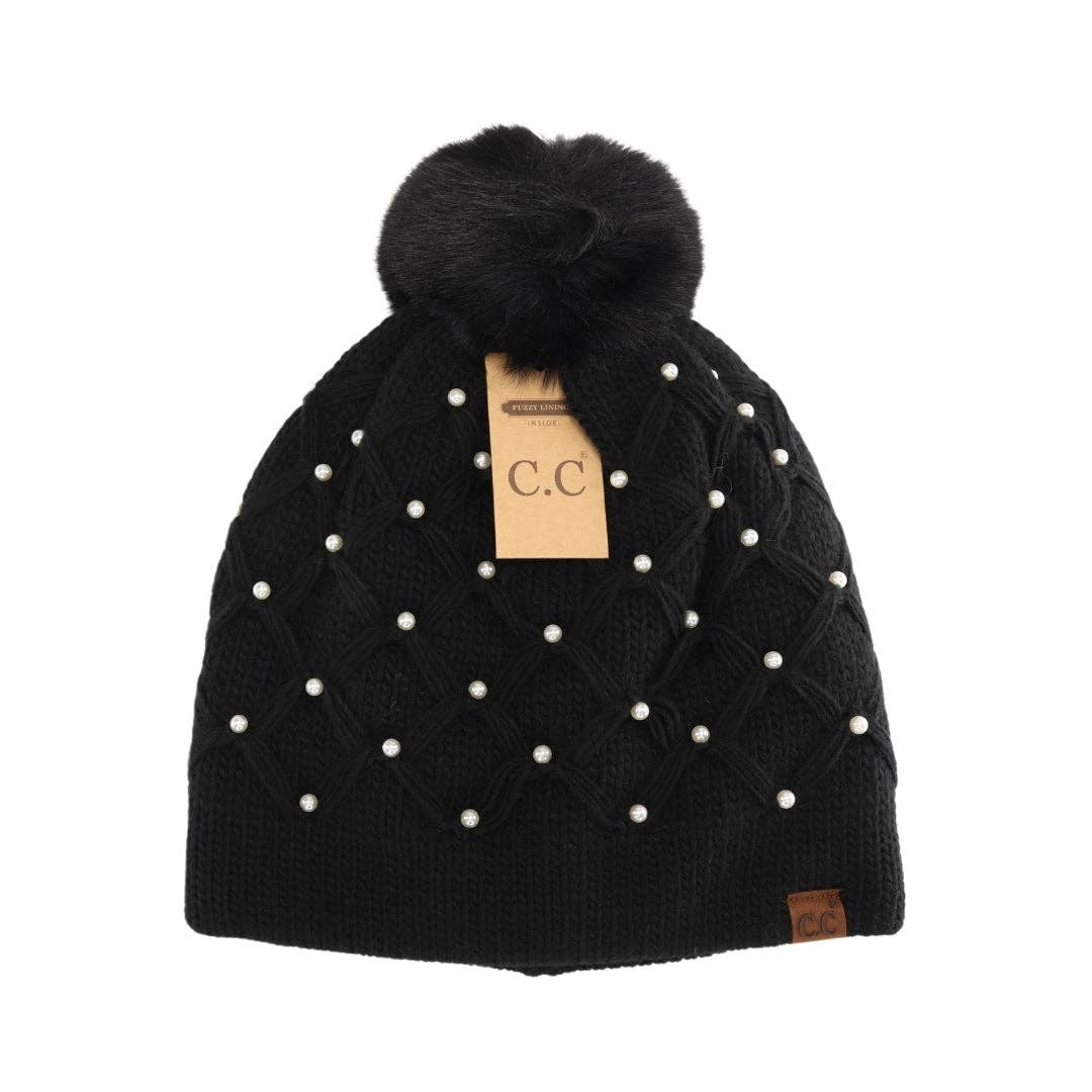 Allover Pearl Crochet C.C Fur Pom Beanie Black