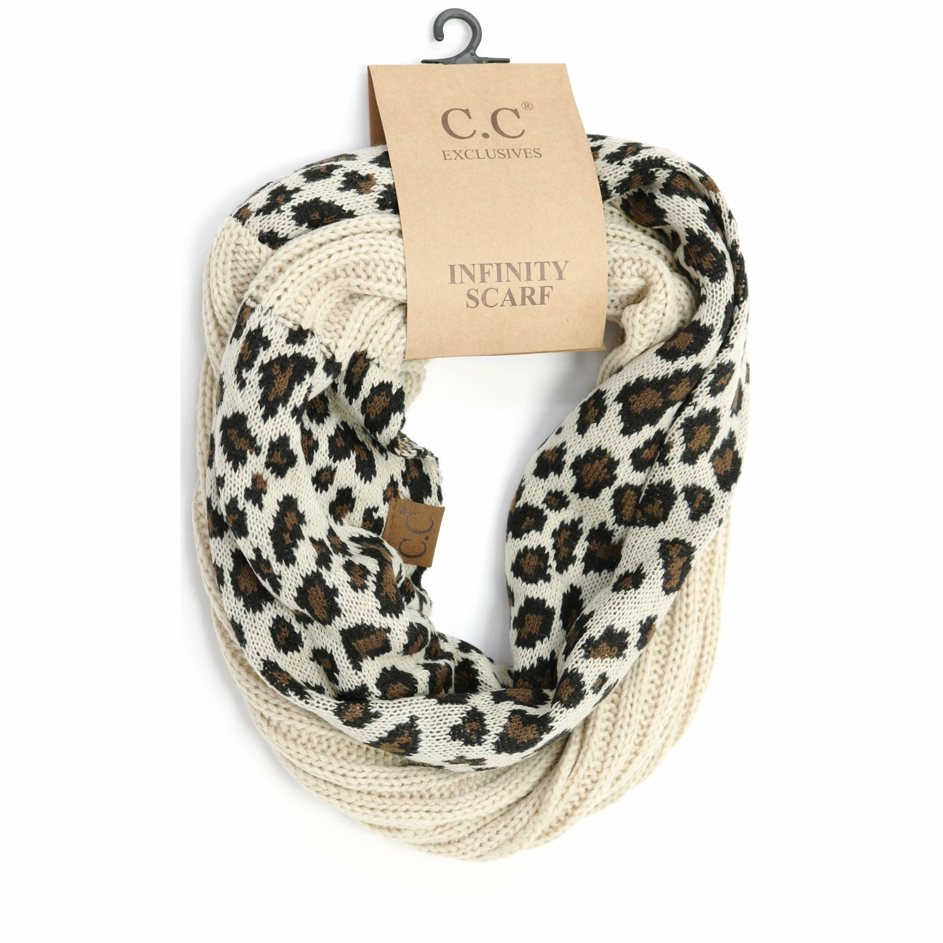 Ribbed Knit Leopard Accent CC Infinity Scarf SF80: Black