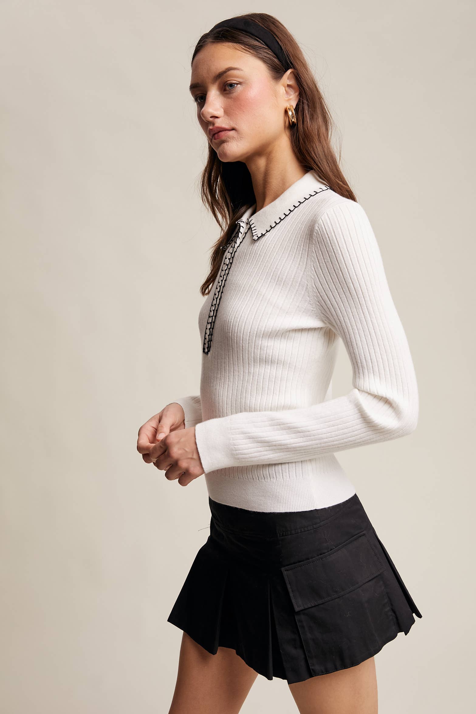 Contrast Stitch Ribbed Knit Top LSW0998: Black / M