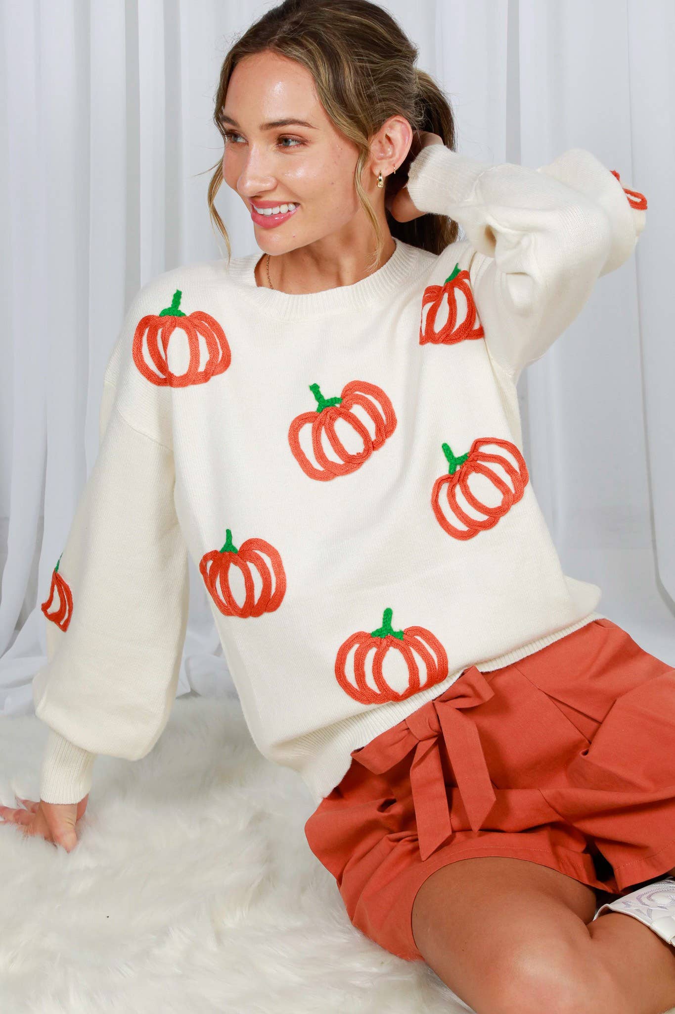 Pumpkin Embroidered Crew Neck Knitted Sweater Top VT82559: Pumpkin / L