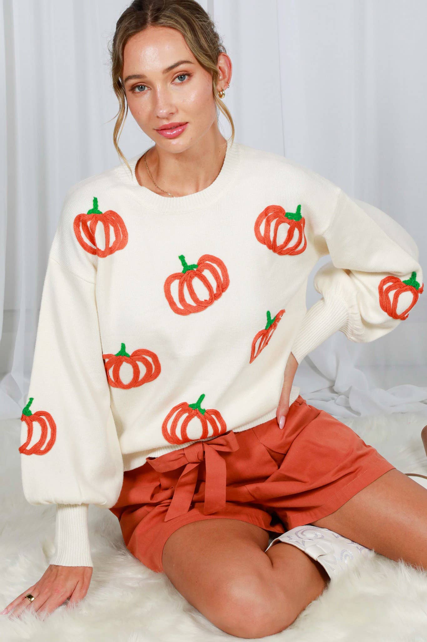 Pumpkin Embroidered Crew Neck Knitted Sweater Top VT82559: Pumpkin / L