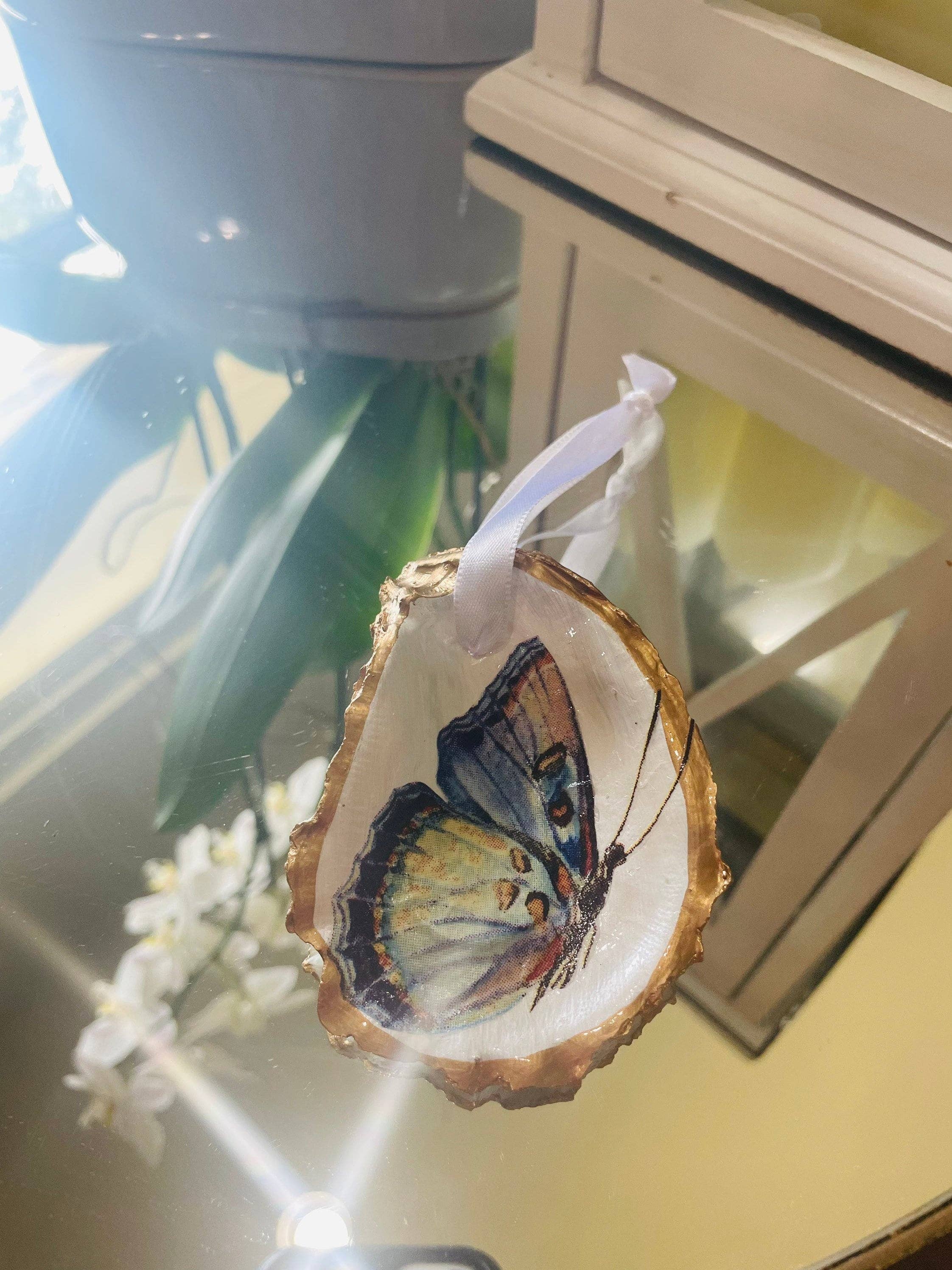 Decoupaged Butterfly Ornament, Butterfly Ornament, Oyster Shell Ornament, Christmas Ornament, Butterfly Art