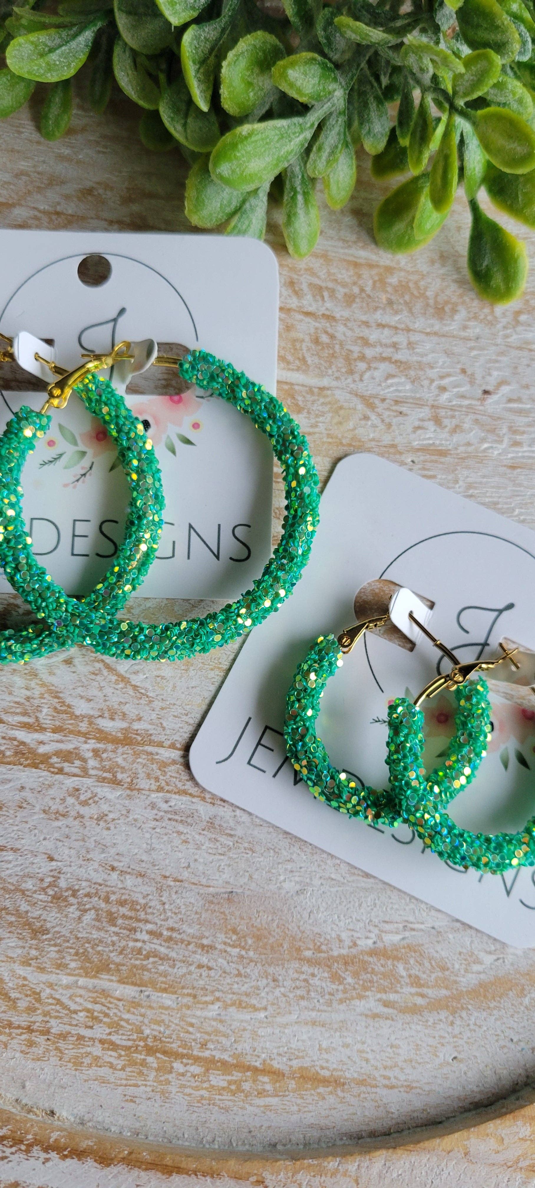 Green Glitter Hoop Earrings: Large