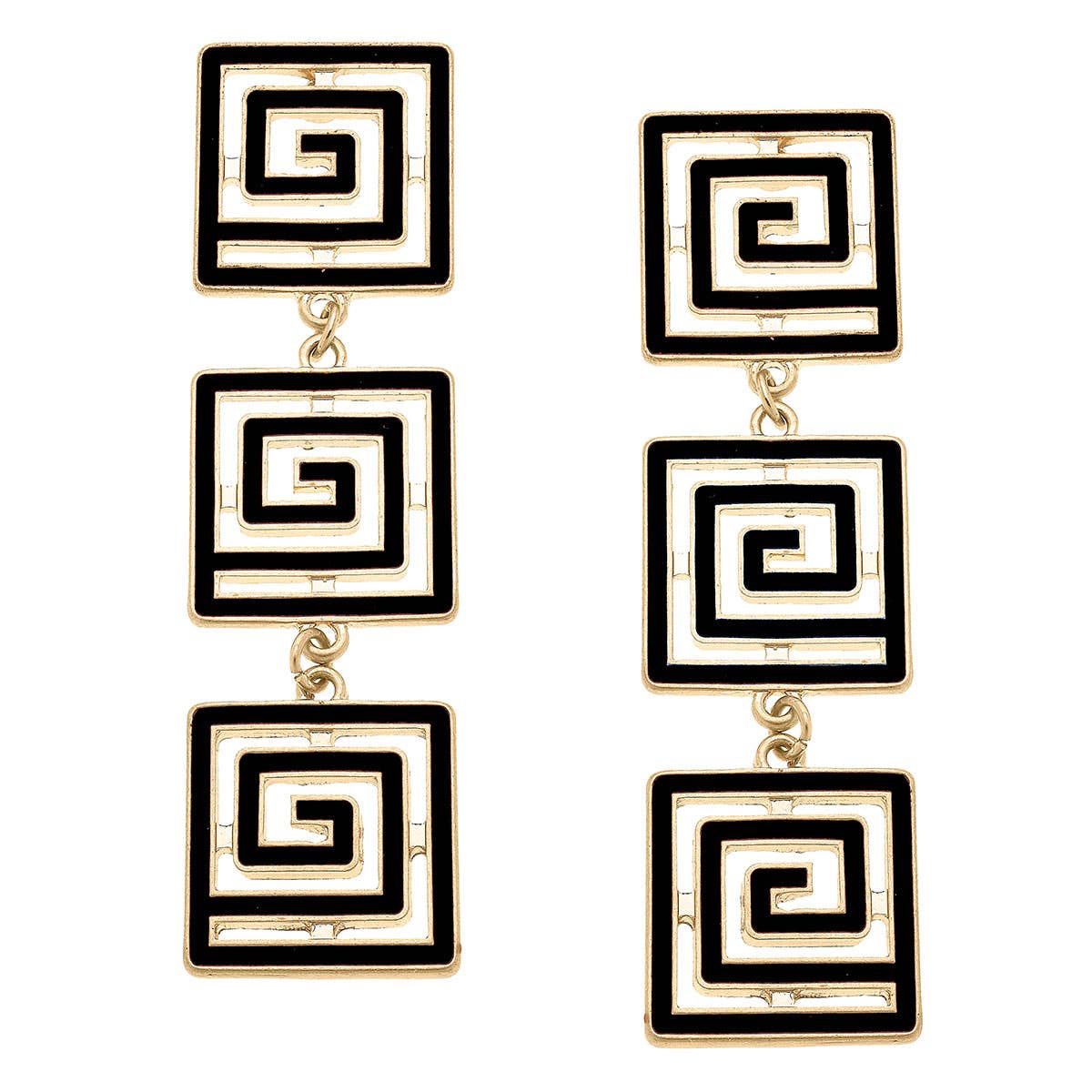 Gretchen Game Day Greek Keys Linked Enamel Earrings: Black by Canvas Style