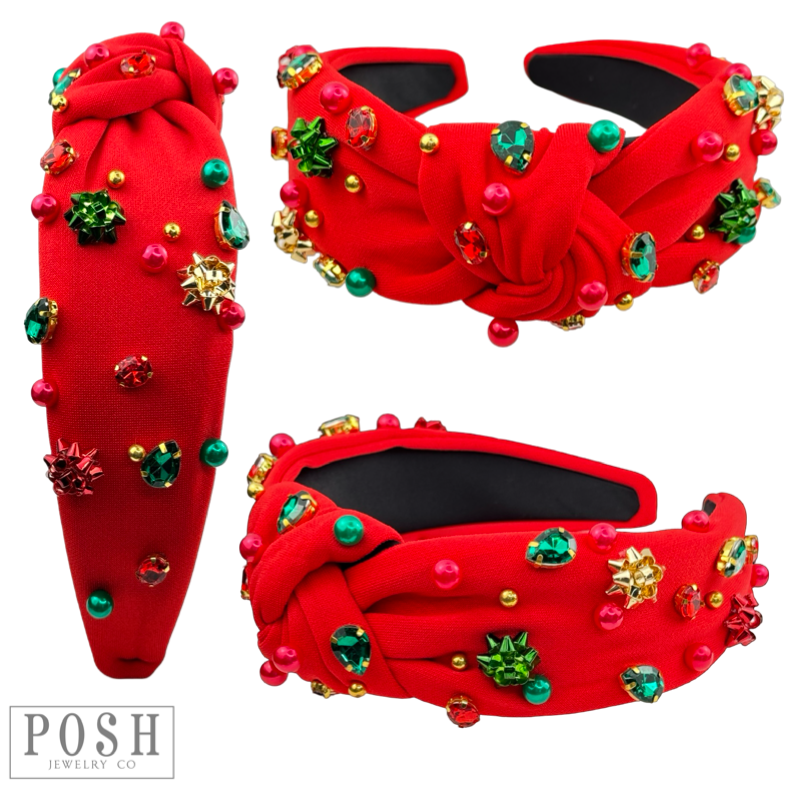 Christmas color rhinestone headband with gift bow and bead charms: Green