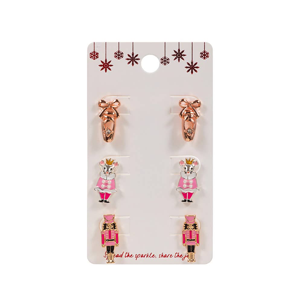 3Pairs - Nutcracker Soldier Mouse King Ballet Shoe Stud Earring Set: Red