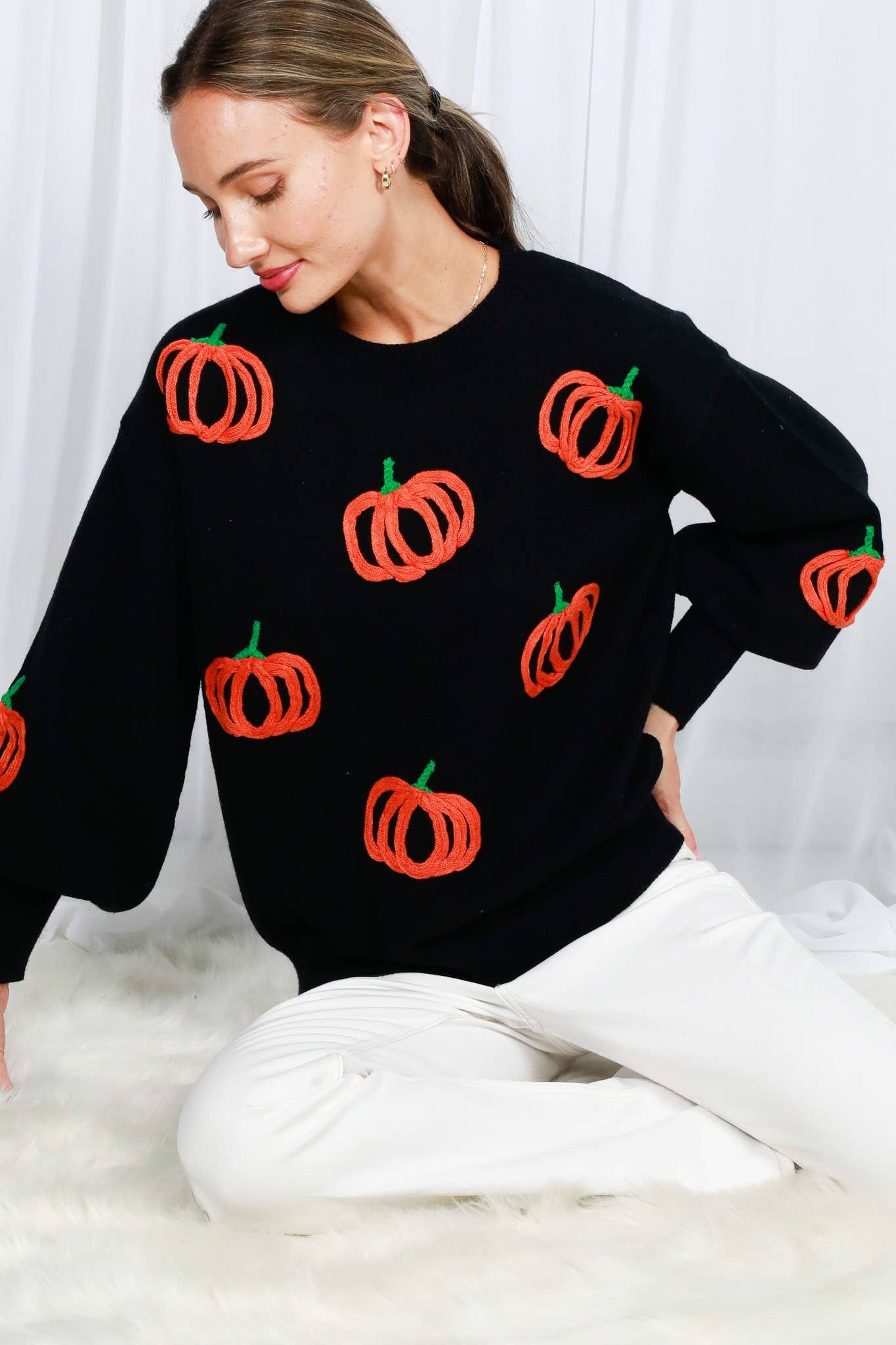 Pumpkin Embroidered Crew Neck Knitted Sweater Top VT82559: Pumpkin / L