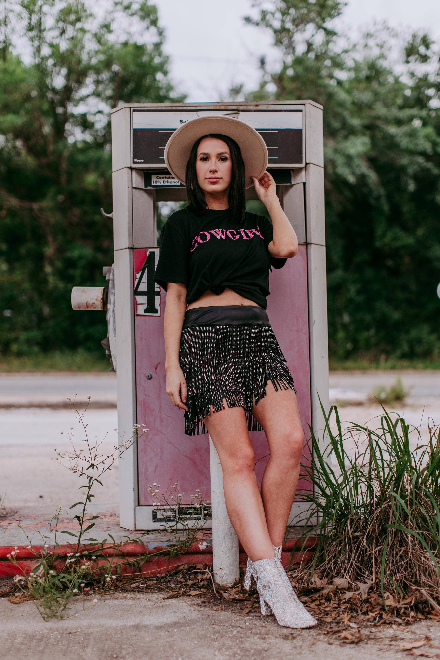 Cowgirl 3D Pink Sequin Embroidered Tee: Black
