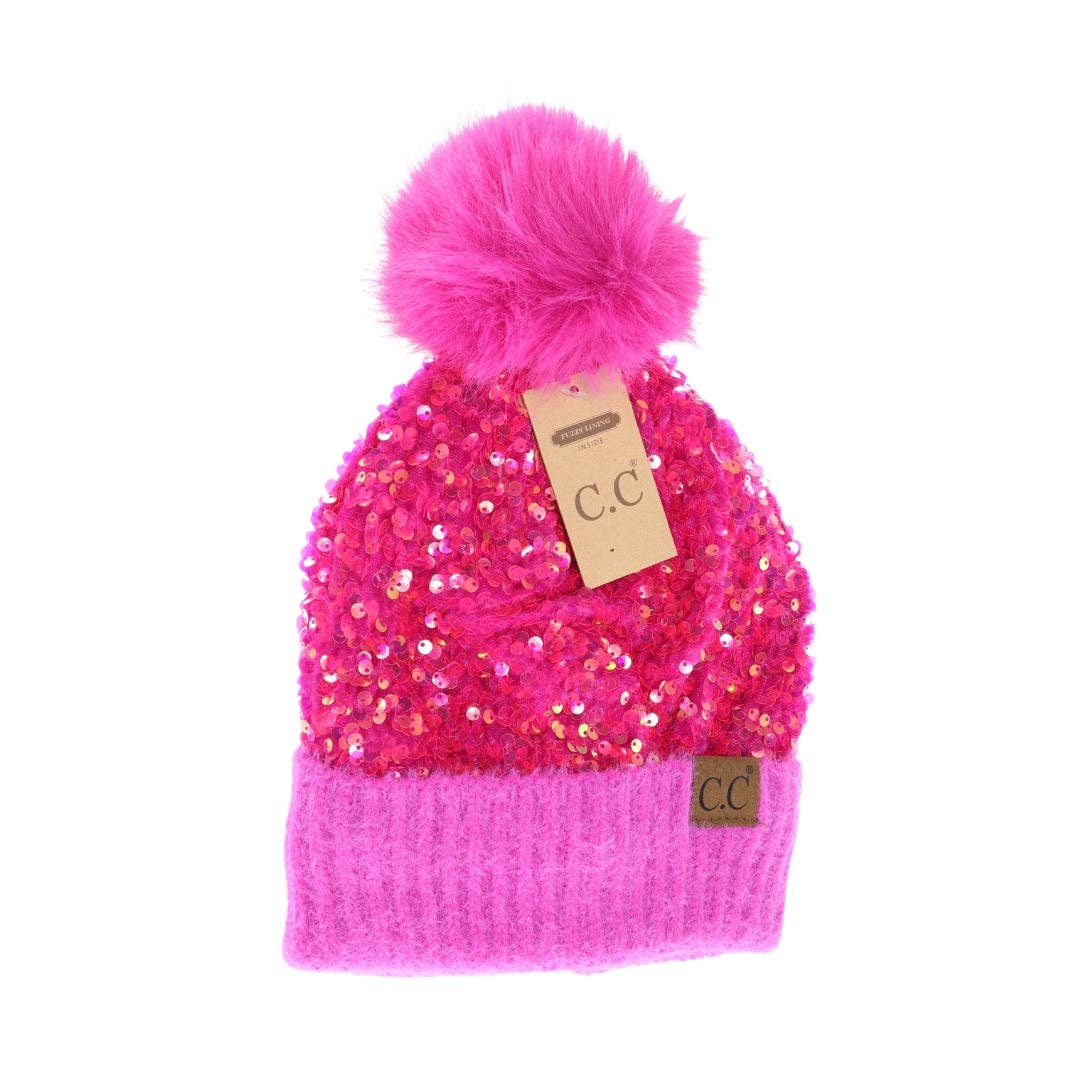 Cluster Sequin Faux Fur Pom C.C Beanie HTE0012: Hot Pink