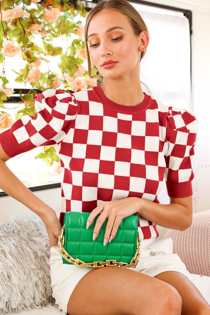 Crew Neck Short Puff Sleeve Checkerboard Sweater Top VT81345: RUST / S