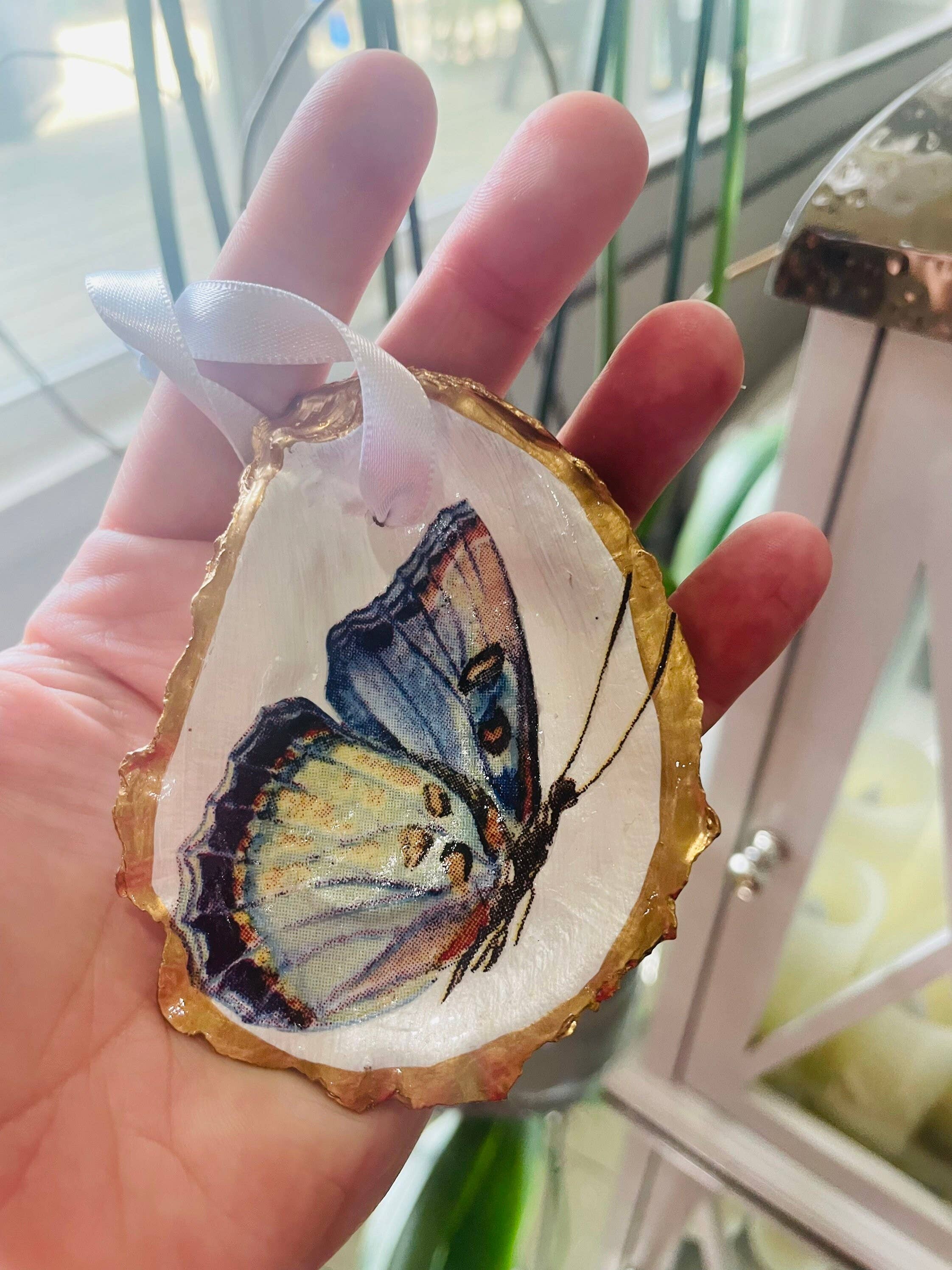 Decoupaged Butterfly Ornament, Butterfly Ornament, Oyster Shell Ornament, Christmas Ornament, Butterfly Art