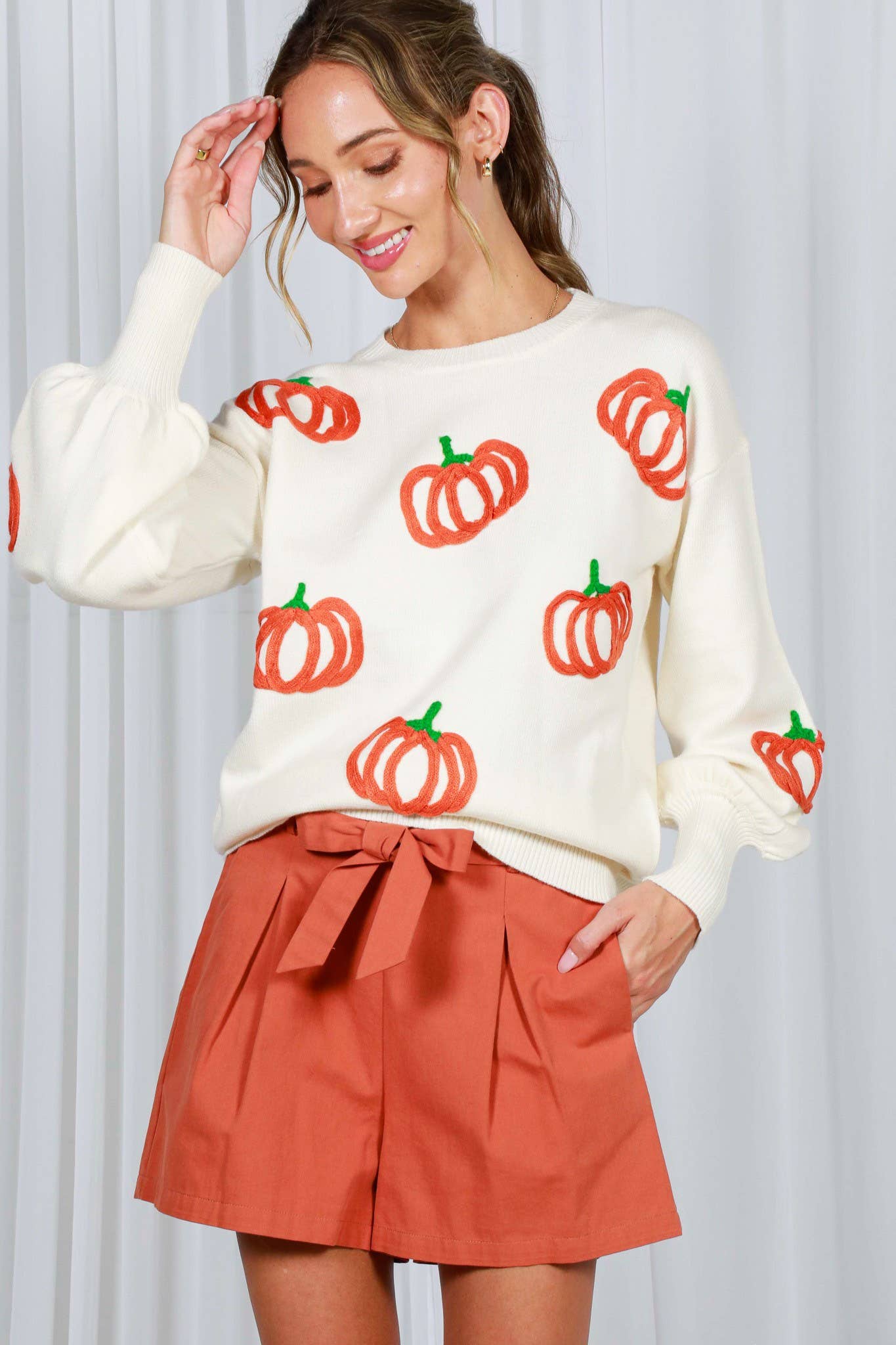 Pumpkin Embroidered Crew Neck Knitted Sweater Top VT82559: Pumpkin / L