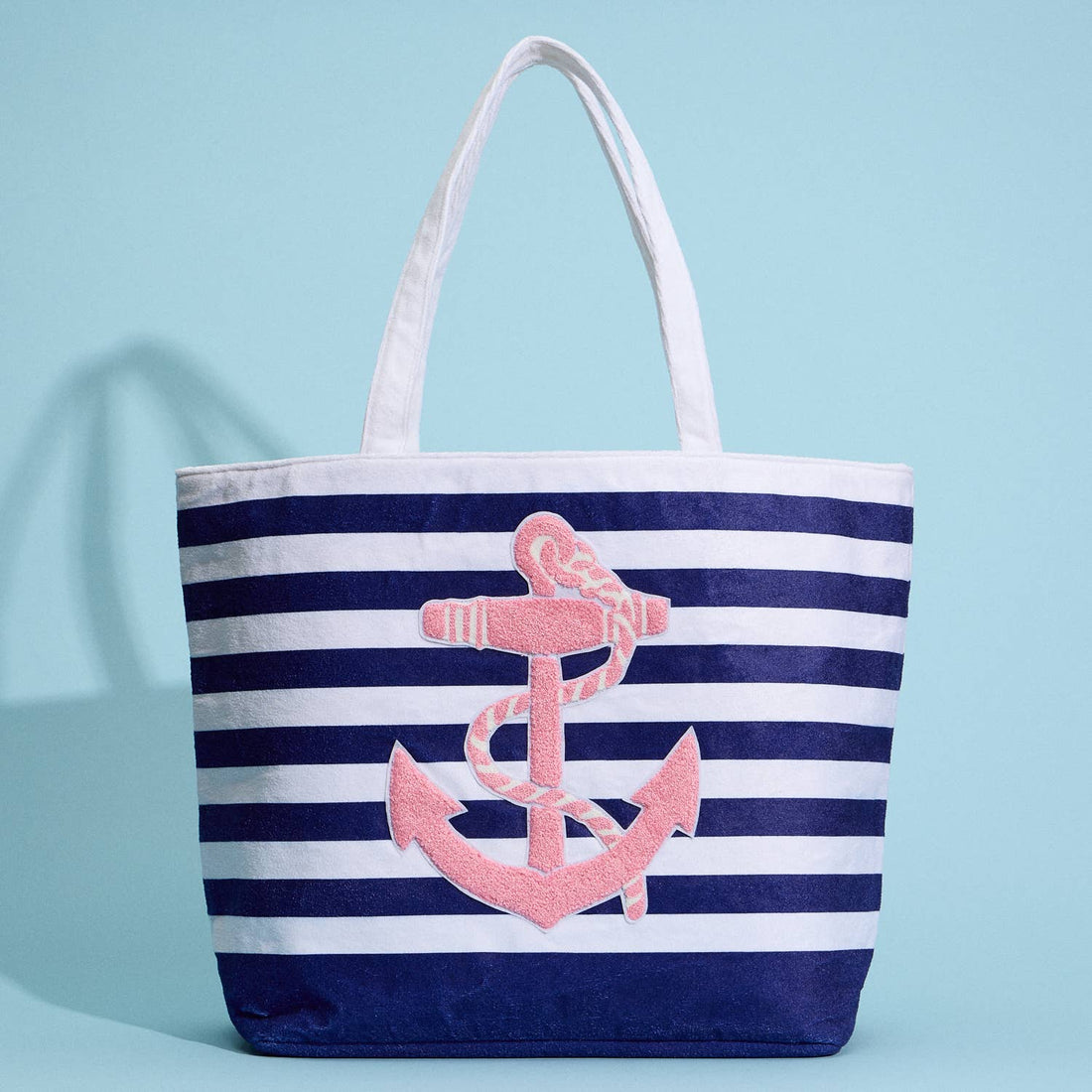 Striped Tote Bag with Anchor Design: NAVY