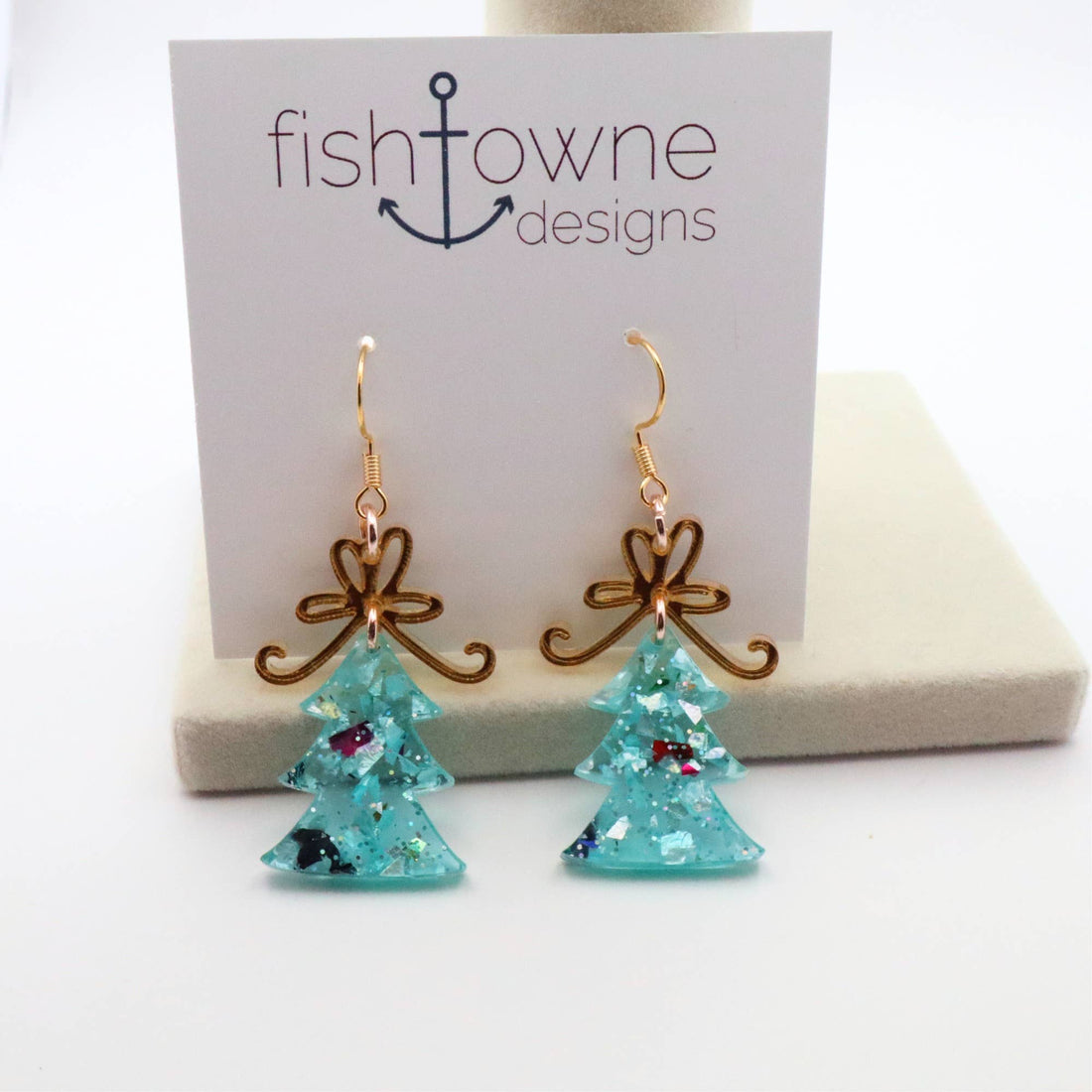 Christmas Tree Dangle Earrings with Glitter and Gold Bow Handmade