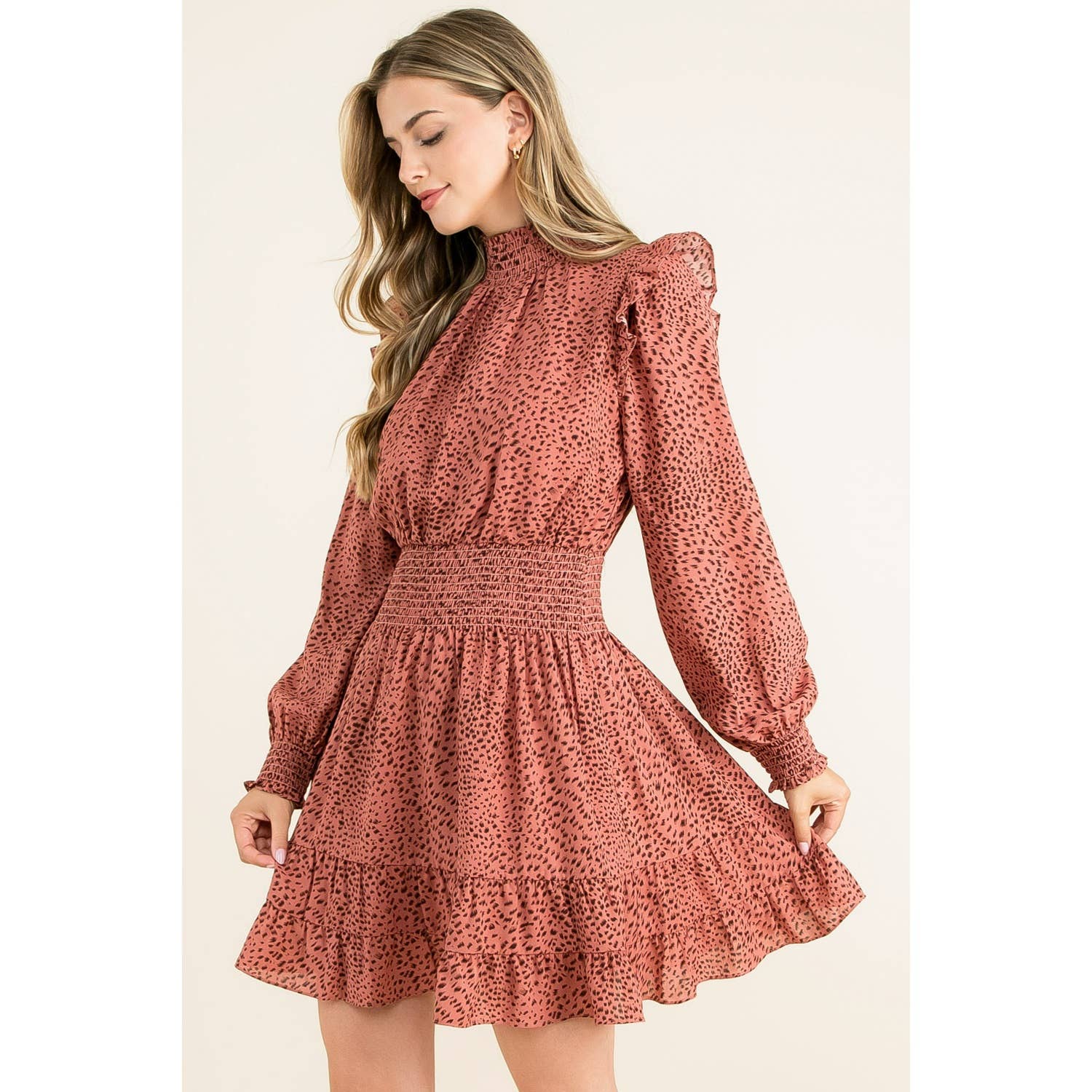 Smock Neck Ruffle Dress: MAUVE / S