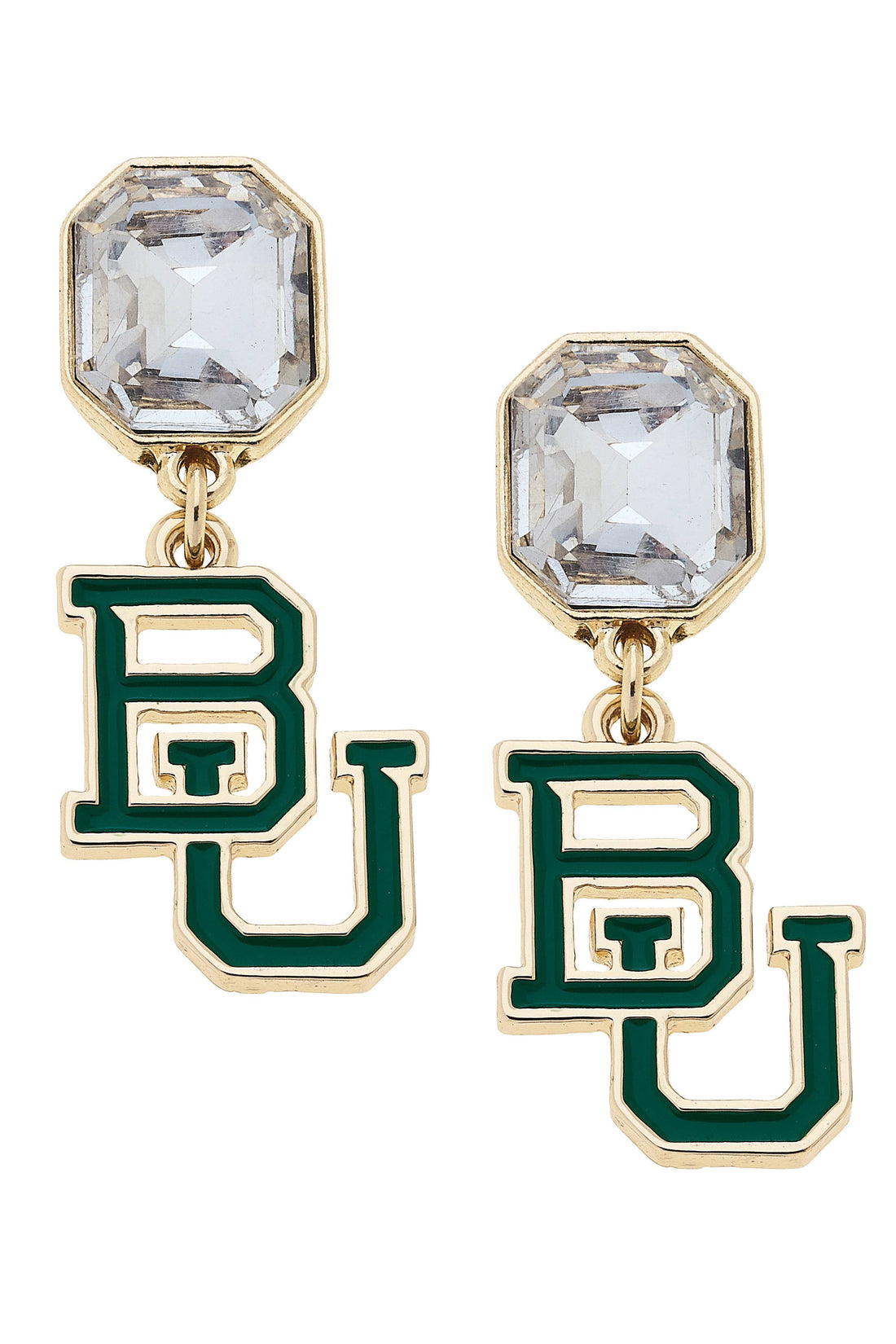 Baylor Bears Rhinestone Enamel Logo Earrings in Shiny Gold
