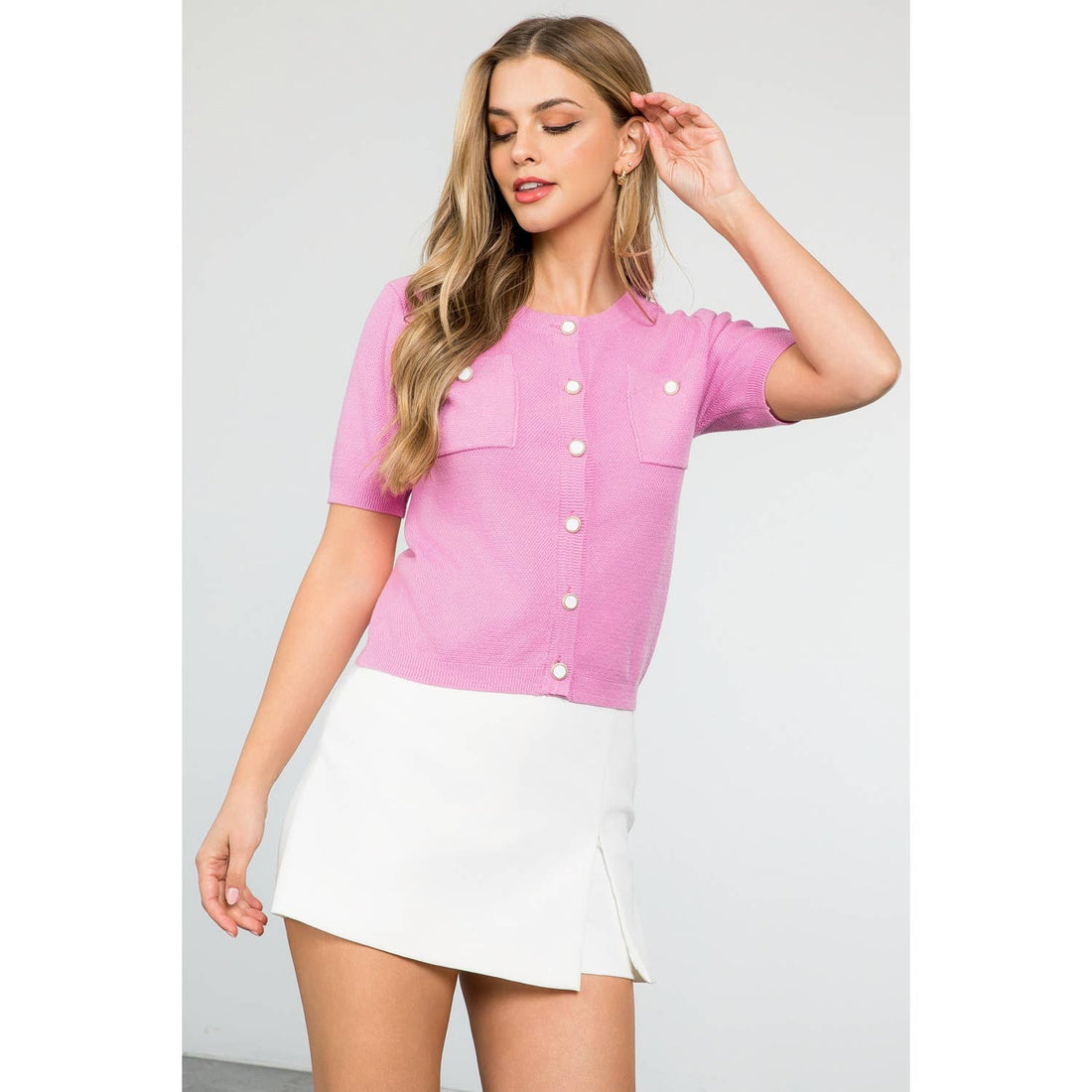 Short Sleeve Button Up Knitted Top: PINK / XS-S-M-L(1-2-2-1)