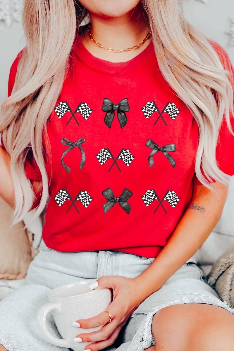 Checkered Flag Black Bow Race Day Graphic Tee: RED