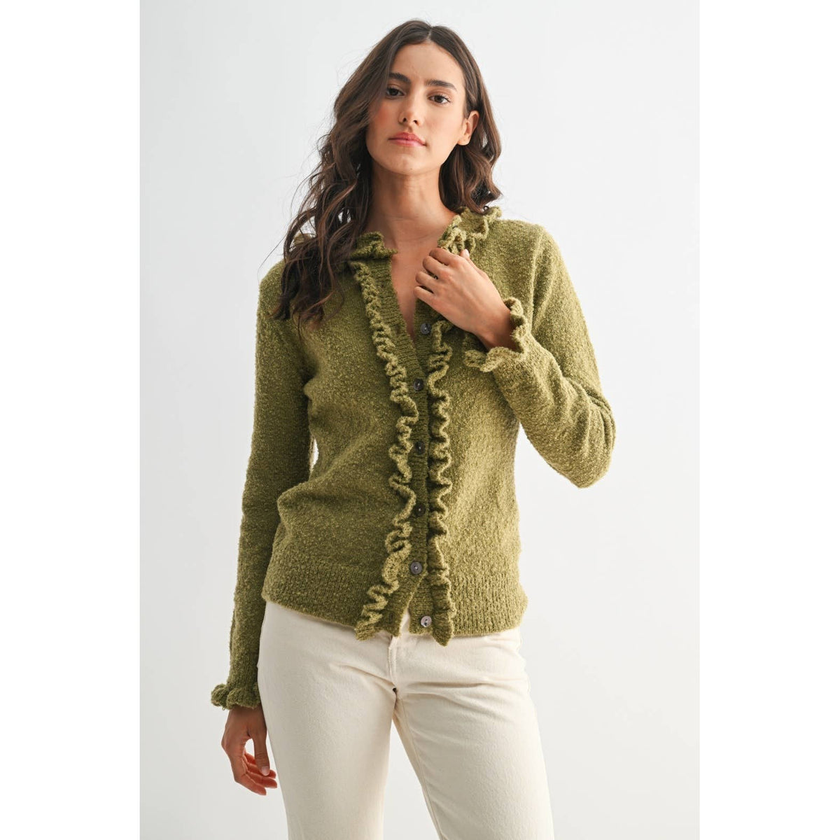 CEW26312 COZY RUFFLED-TRIMMED CARDIGAN: Burgundy / S-M-L(3-2-1)
