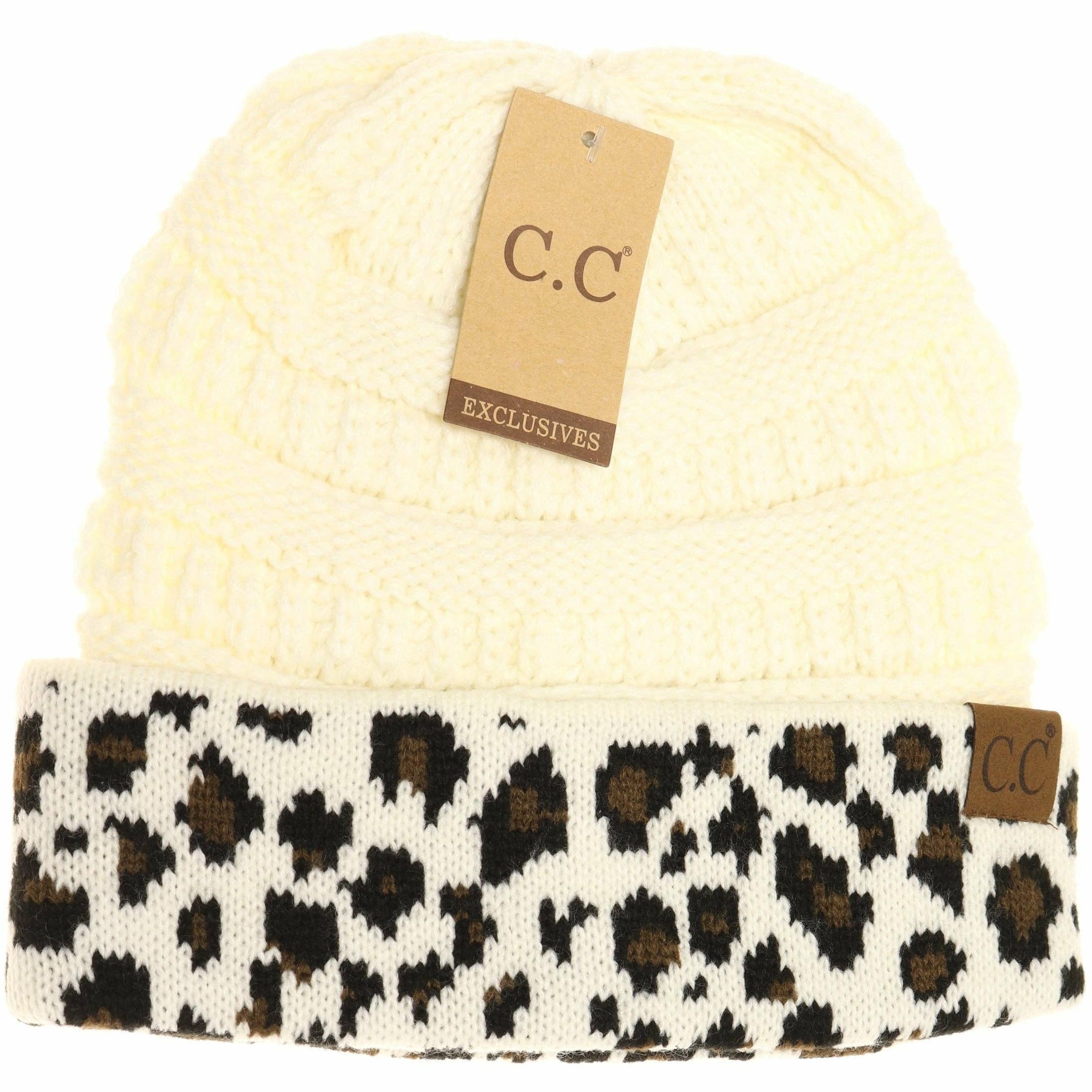 Matching Cuff Leopard Print CC Beanie HAT80: Black