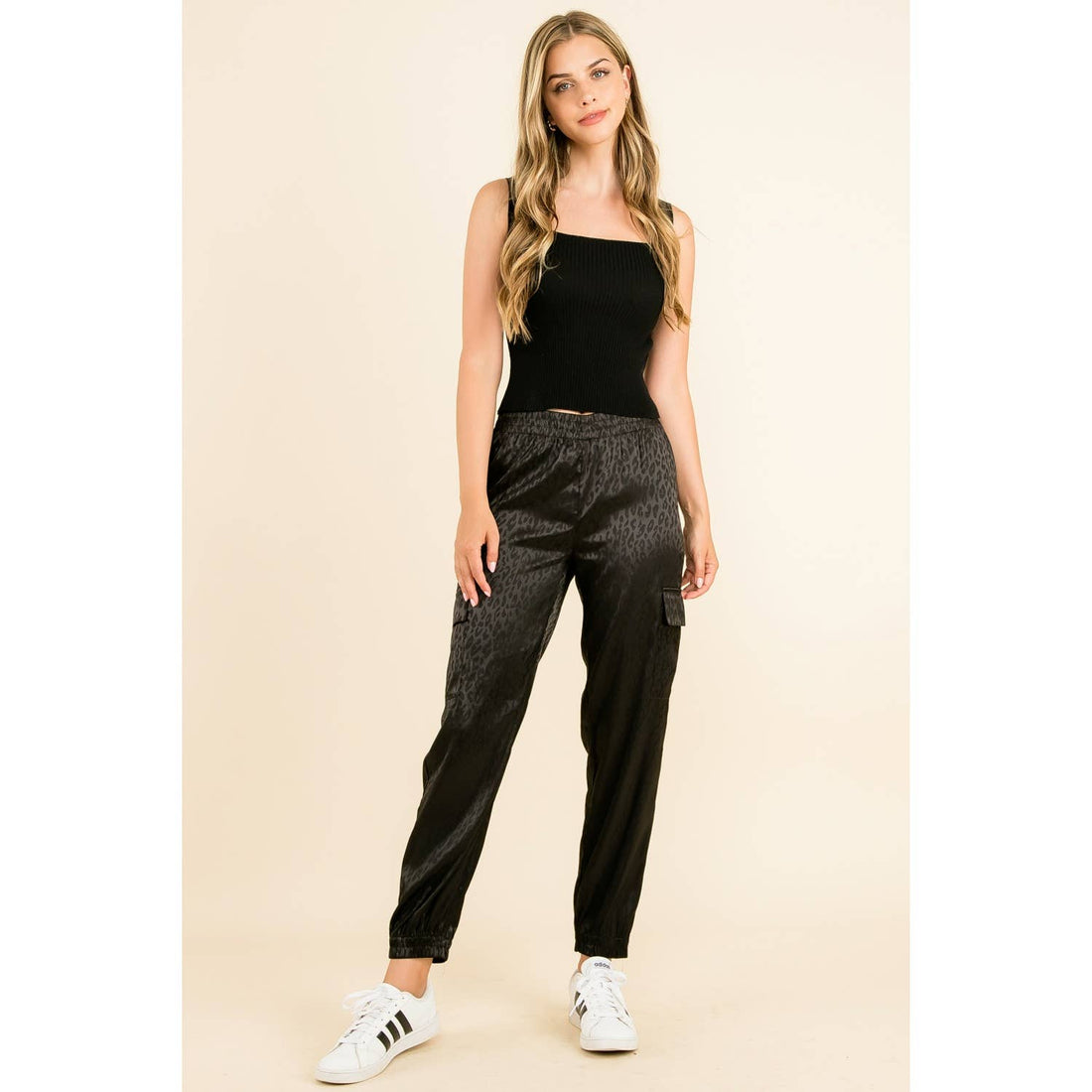 THML Black Cheetah Print Jogger Pants with Side Pockets: BLACK