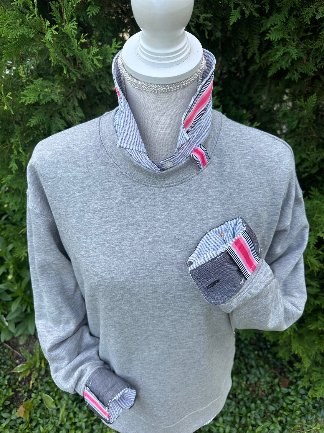 Danny Sweatshirt by Pearly Vines - Grey w Black, Coral & Pink Stripe Ribbon: Grey w Black Coral & Pink Stripe Ribbon / S (4-6) sweatshirt only