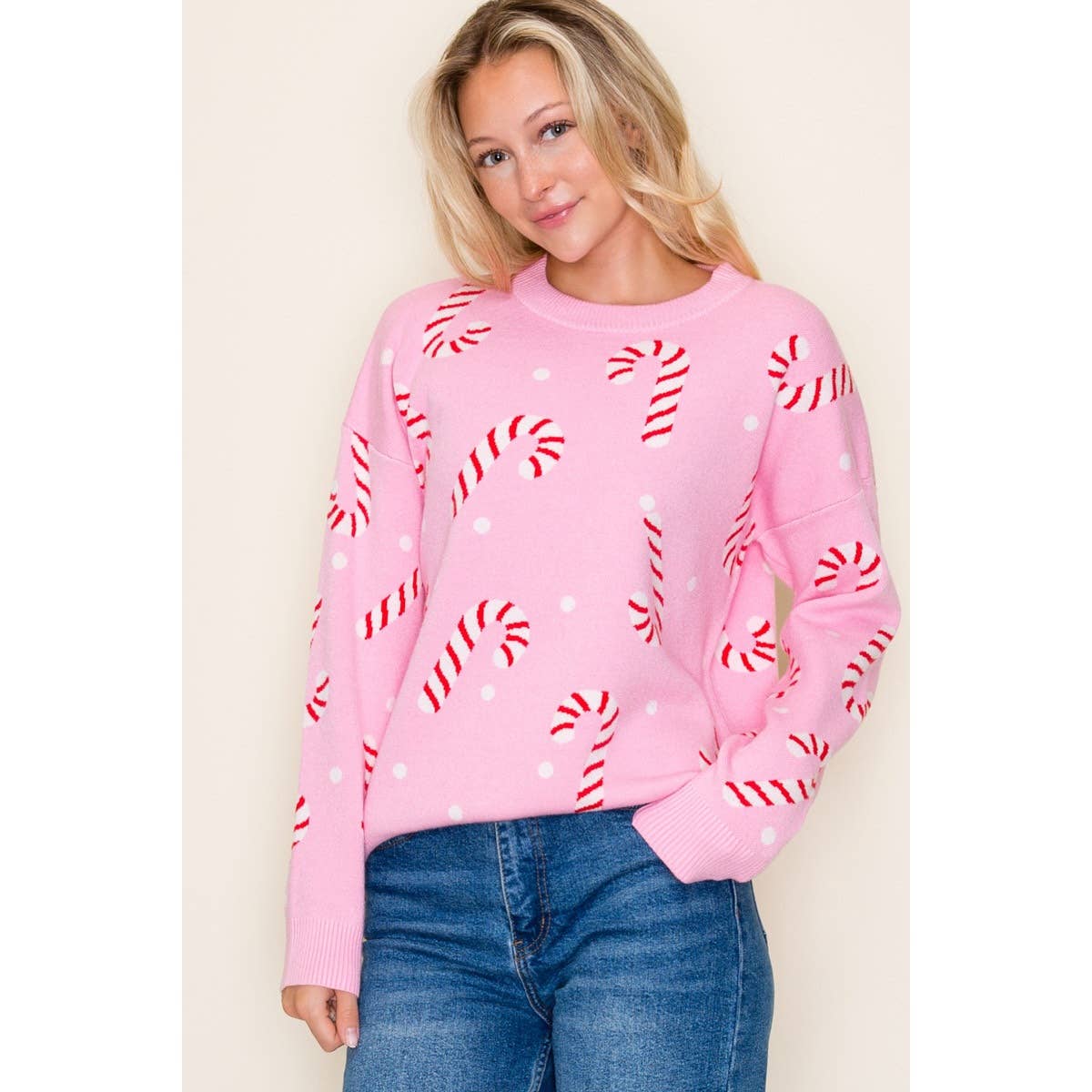 CHRISTMAS CANDY CANE SWEATER: GREEN / S-M-L-XL(2-2-2-1)