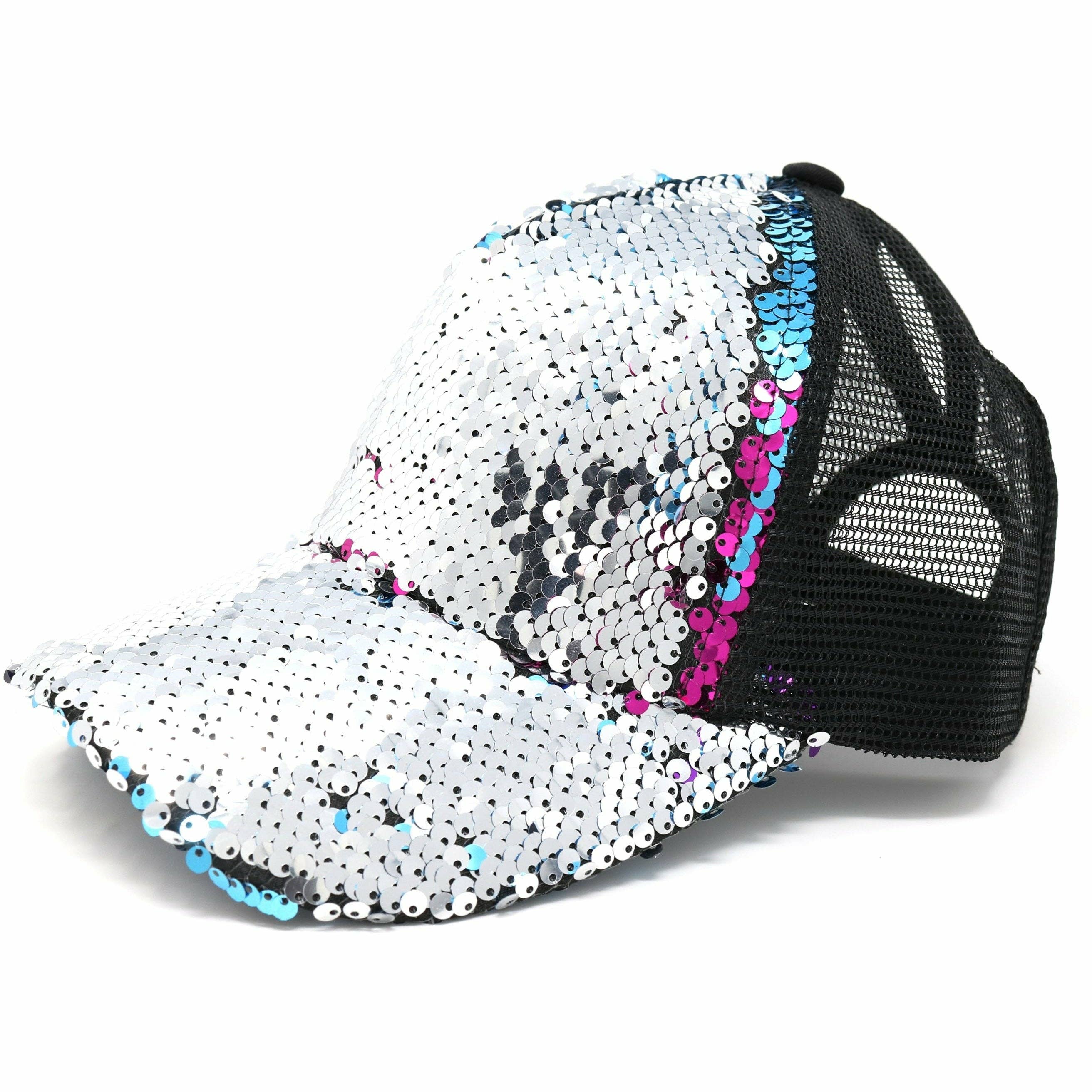 Sequin Mesh Back High Ponytail CC Ball Cap BT723: Rose/Teal/Rose
