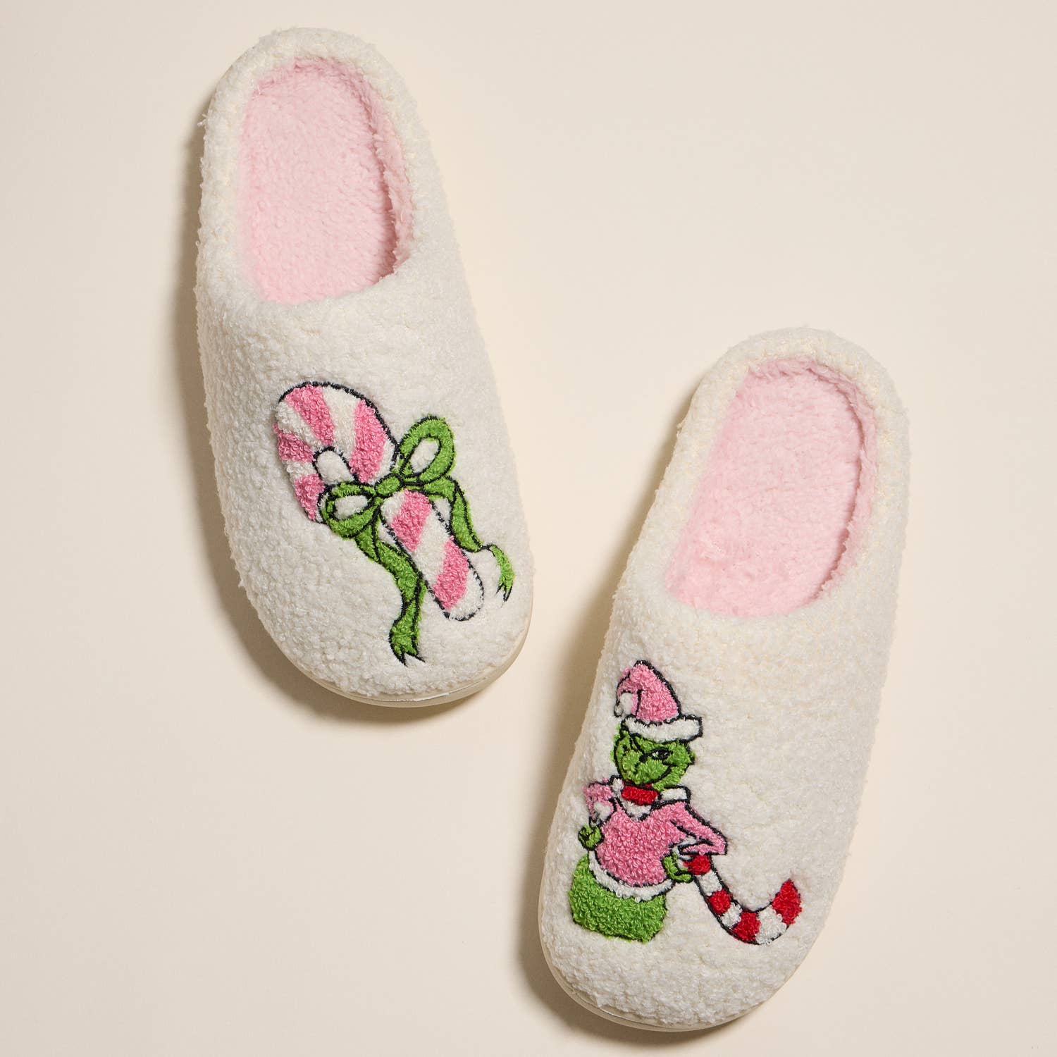 Whimsical Green Monster Slippers with Candy Cane Embroidery for Christmas Gift: IVPK / M(40-41)
