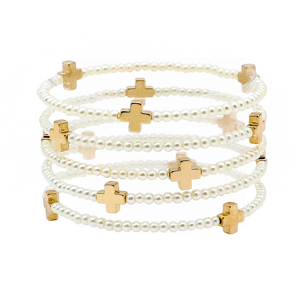 Cross accent multi layered pearl beaded stretch bracelet: Gold/Cream pearl / ONE SIZE
