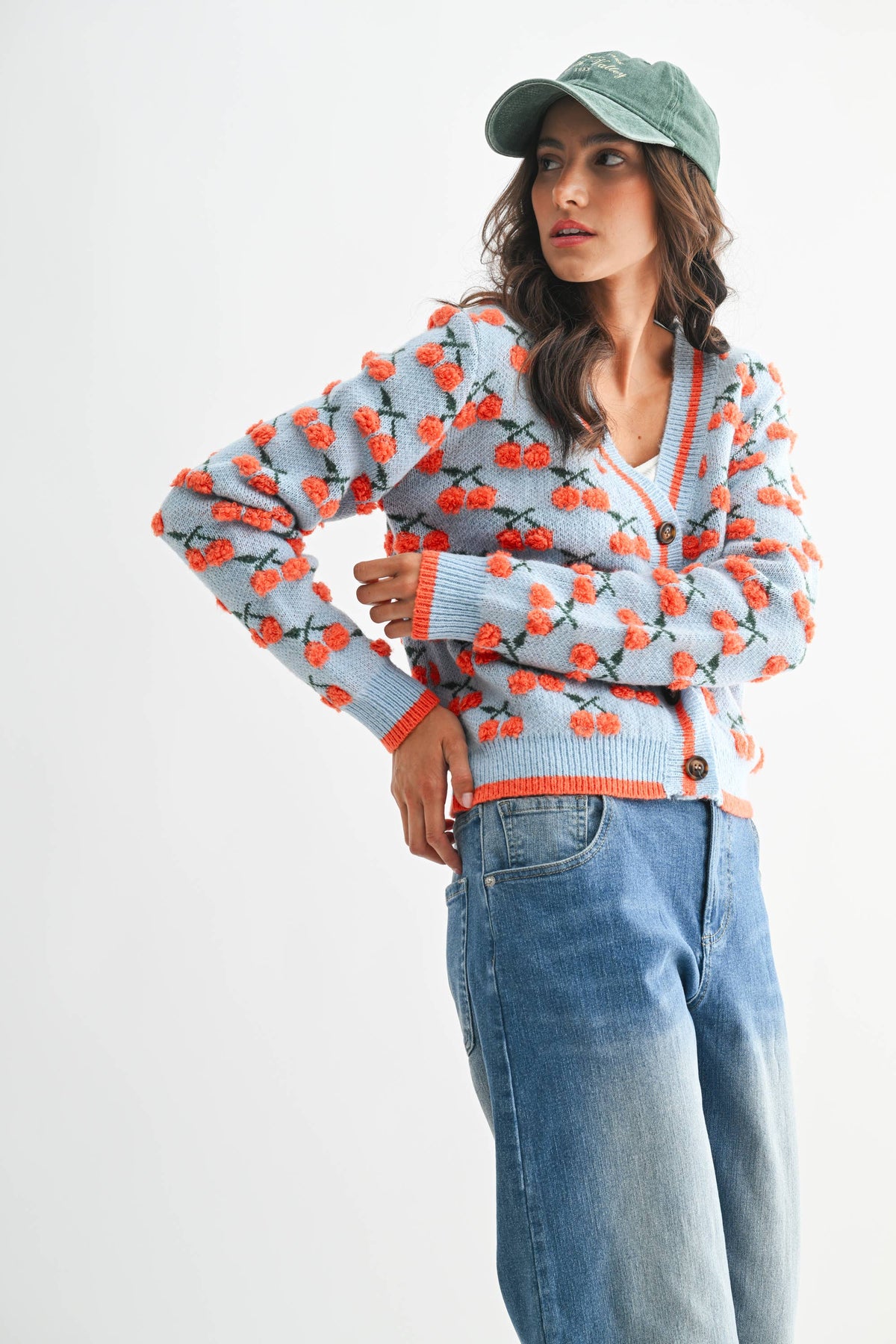 CJW26348 CHERRY KNIT WOOL CARDIGAN: LT.BLUE/ORANGE MULTI / S-M-L (3-2-1)