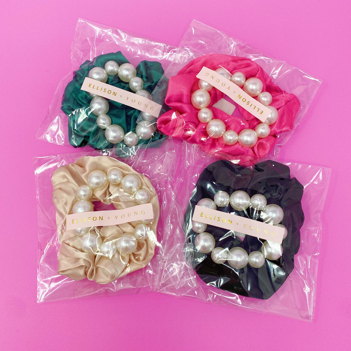 Pearl & Satin Scrunchie Set: Jeweled Pink