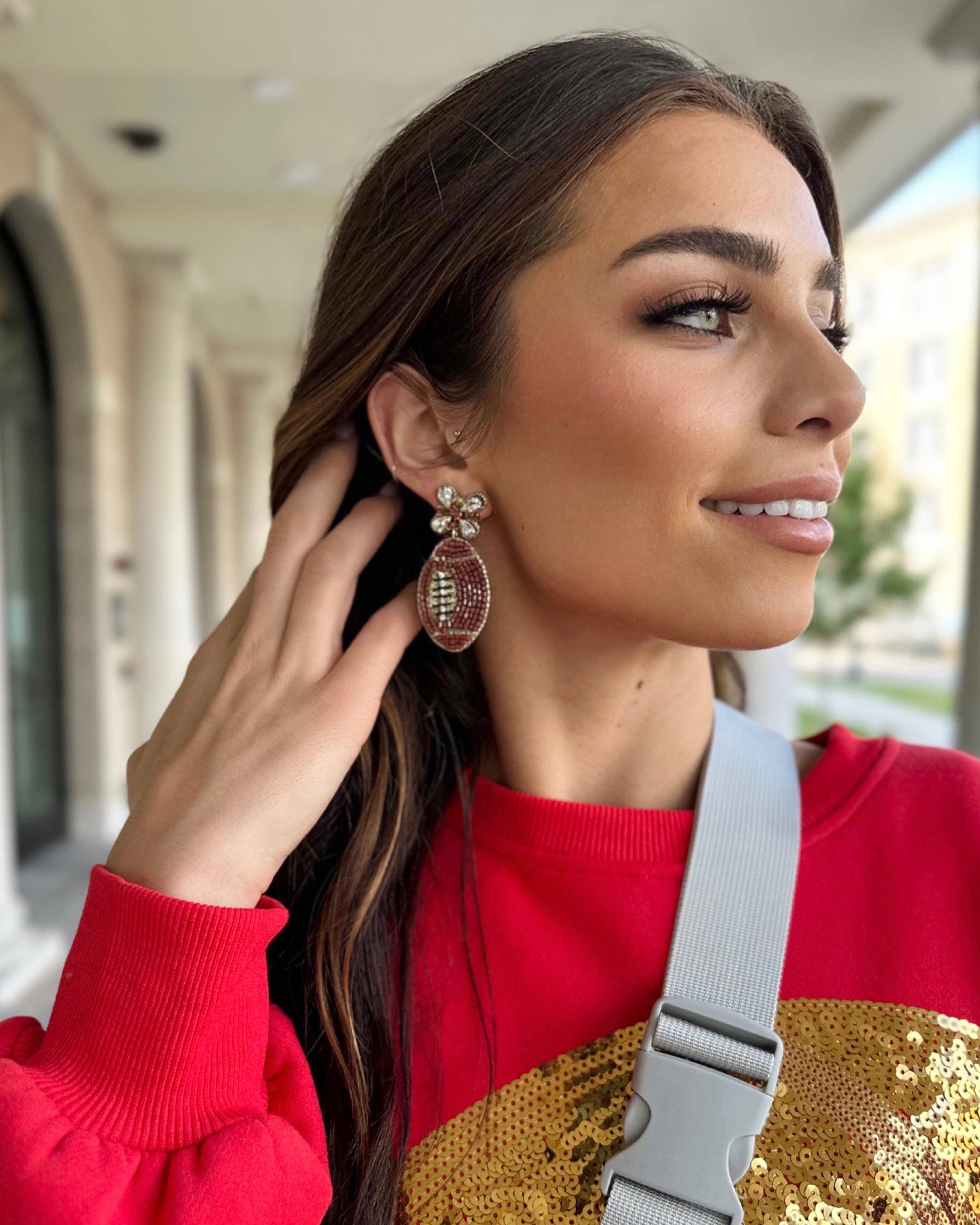 Brown/Gold Beaded Football Earrings