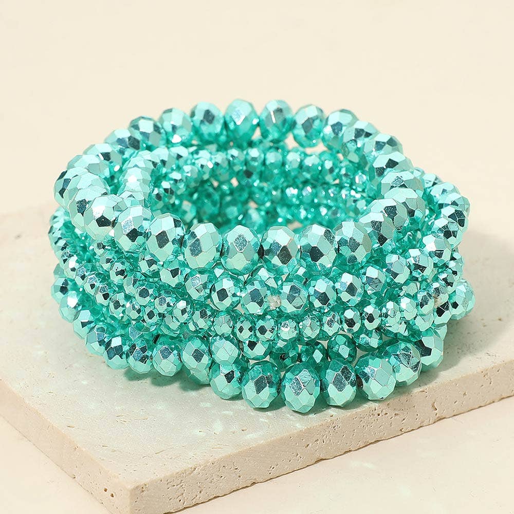 9PCS - Faceted Beaded Stretch Multi Layered Bracelets: Aqua