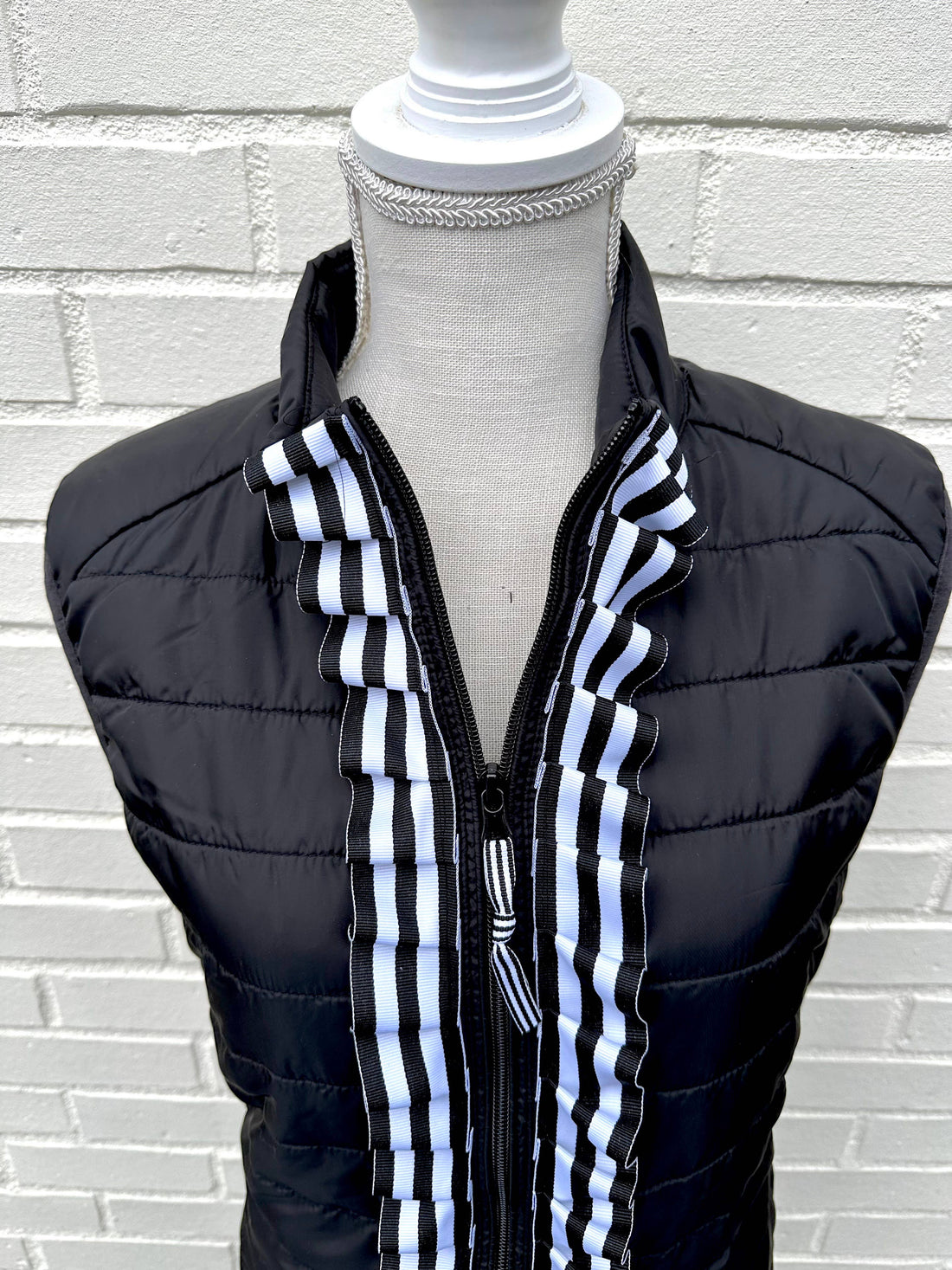 Maggie May Ruffle Puffer Vest - Black w Black & White Ribbon: Black w Black White Stripe Ruffle Ribbon / Small