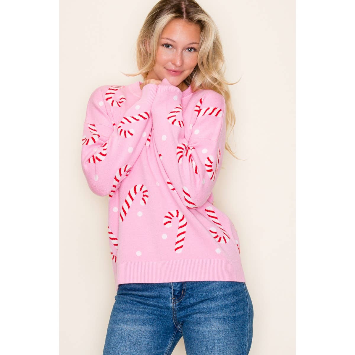 CHRISTMAS CANDY CANE SWEATER: GREEN / S-M-L-XL(2-2-2-1)