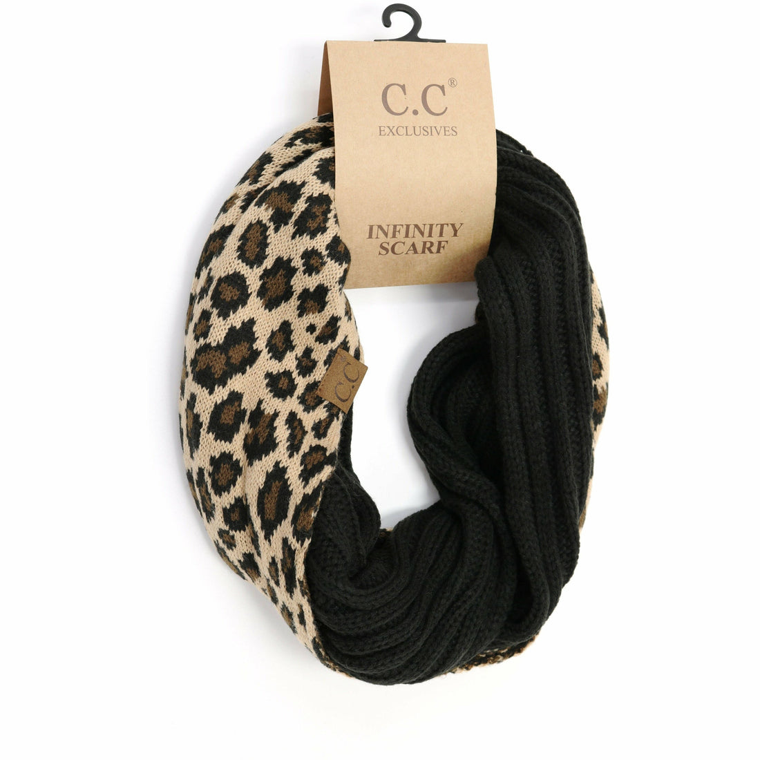 Ribbed Knit Leopard Accent CC Infinity Scarf SF80: Black