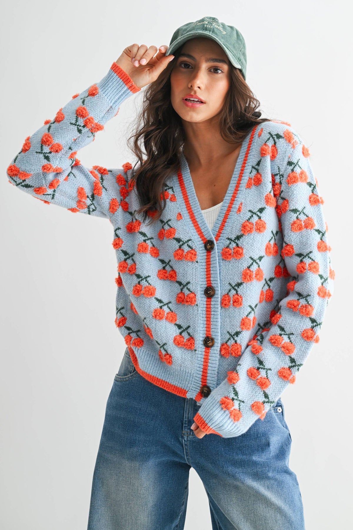 CJW26348 CHERRY KNIT WOOL CARDIGAN: LT.BLUE/ORANGE MULTI / S-M-L (3-2-1)