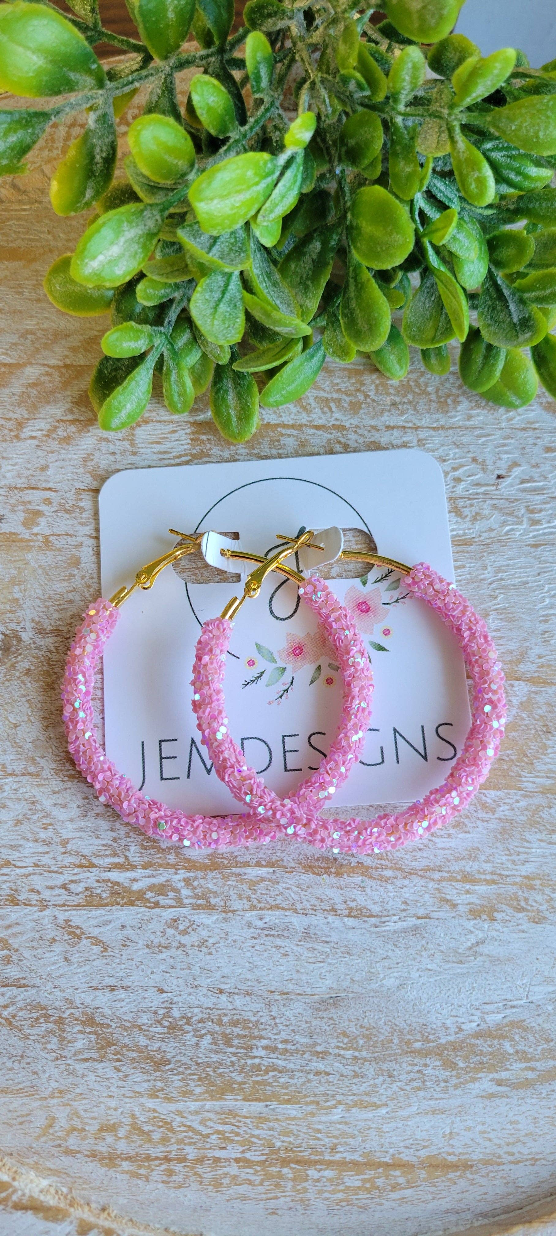 Mauve Pink Glitter Hoop Earrings: Small