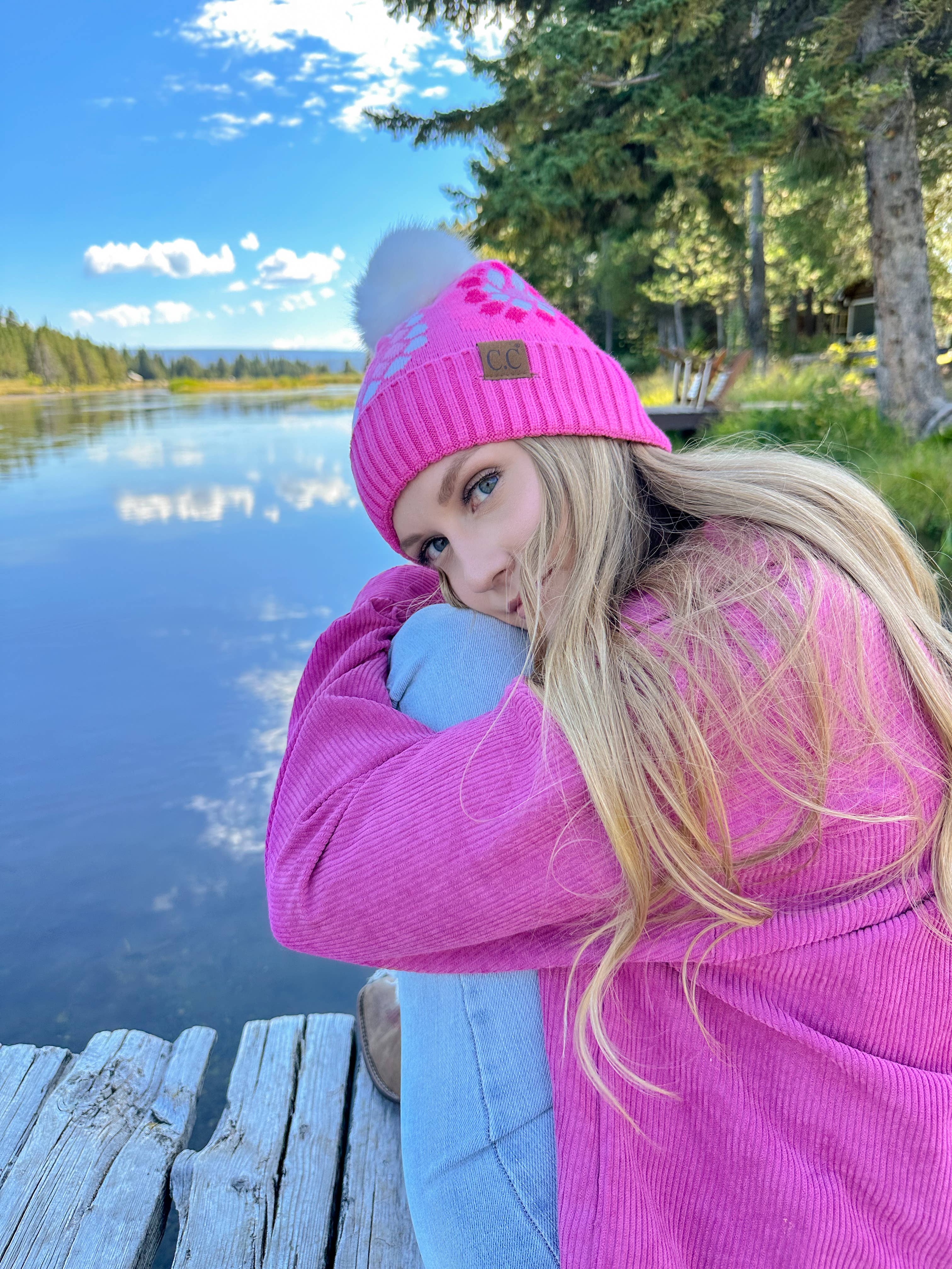 Flower Pattern Pom C.C Beanie HAT7396: Black