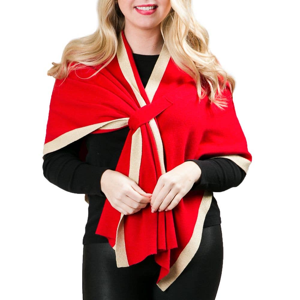 Katie Knit Print Keyhole Wrap-Red with Gold Trim. Top it Off