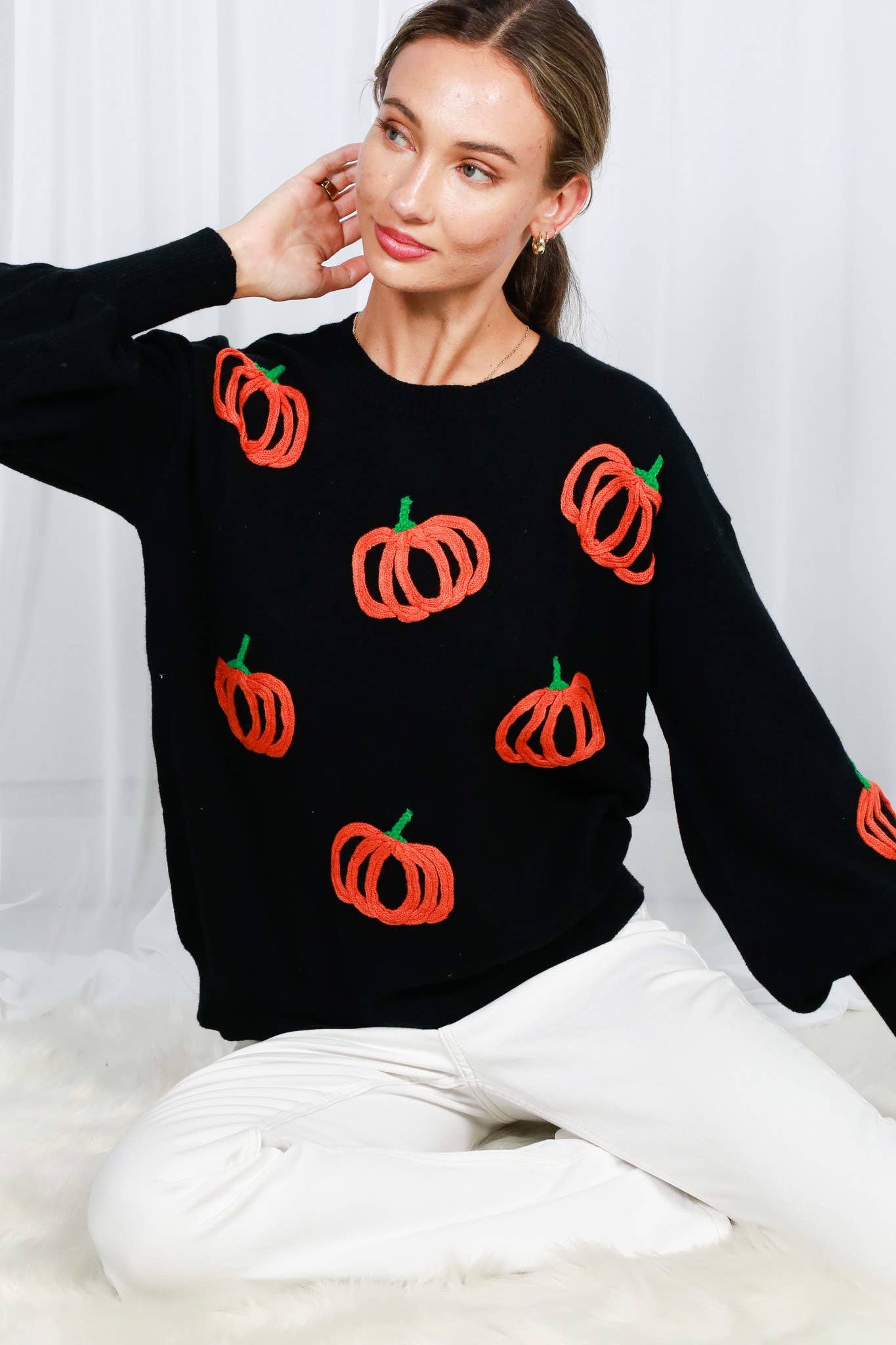 Pumpkin Embroidered Crew Neck Knitted Sweater Top VT82559: Pumpkin / L