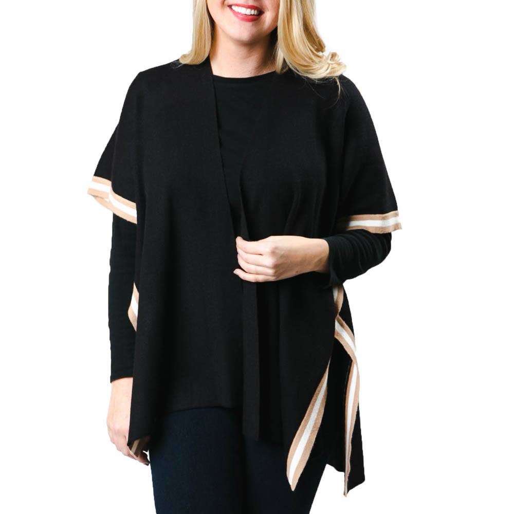 Amelia Ruana : Black with Camel and White Trim
