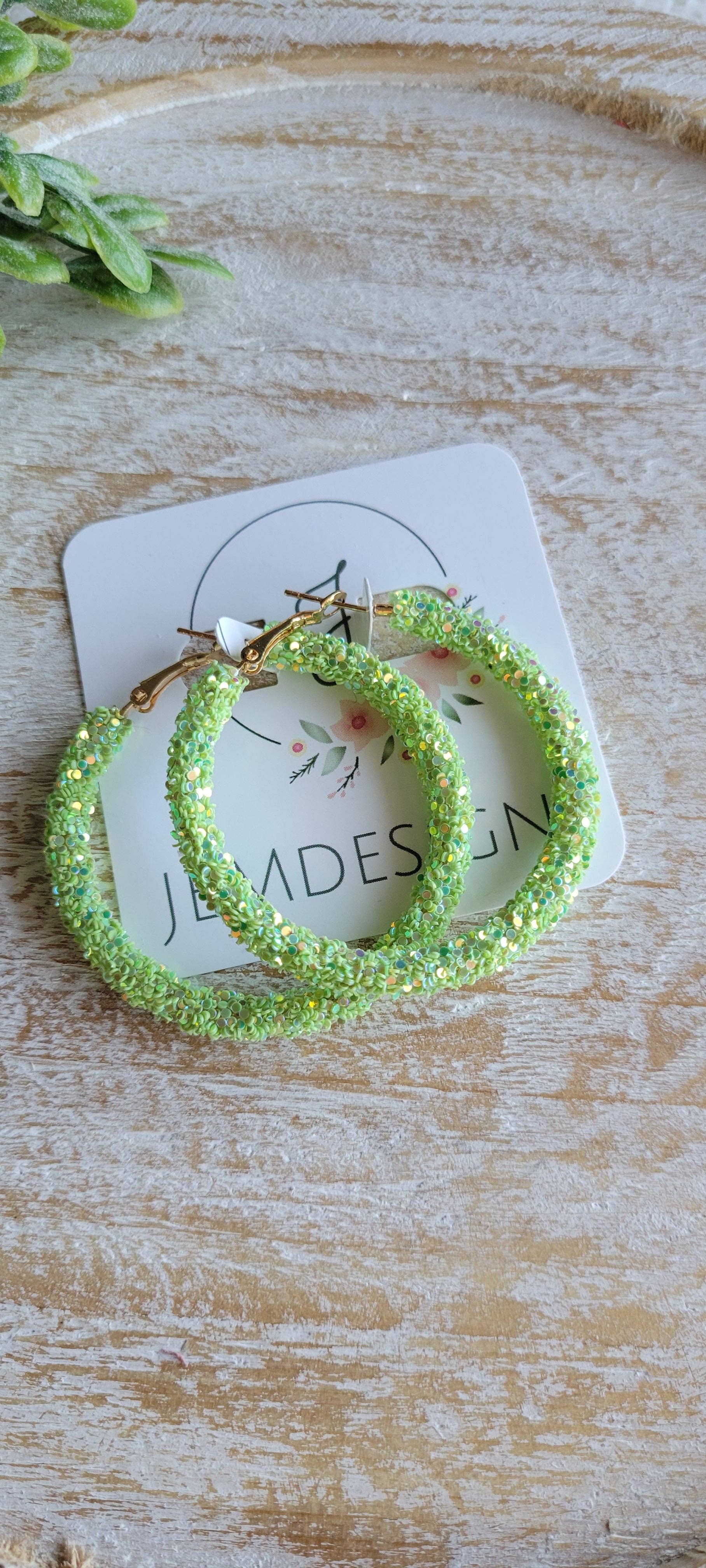 Glitter Hoops Earrings in lime green