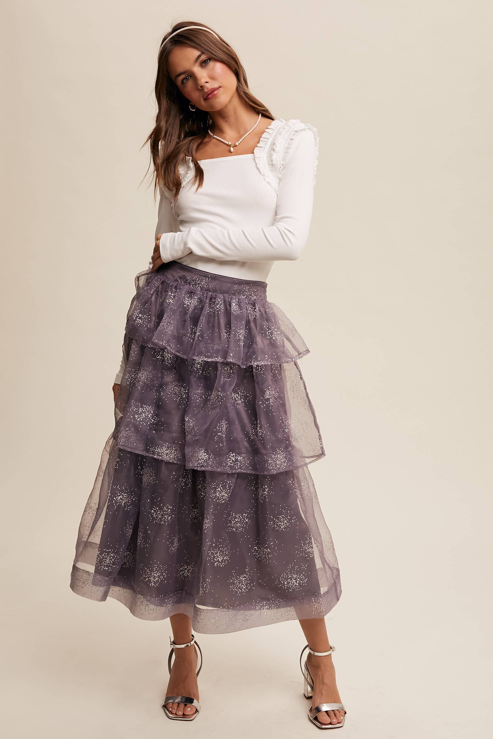 Square Neck Ruffle Accent Top: Black / M