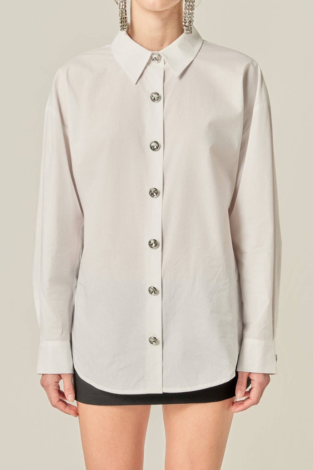 Crystal Button Oversized Shirt: WHITE / XS